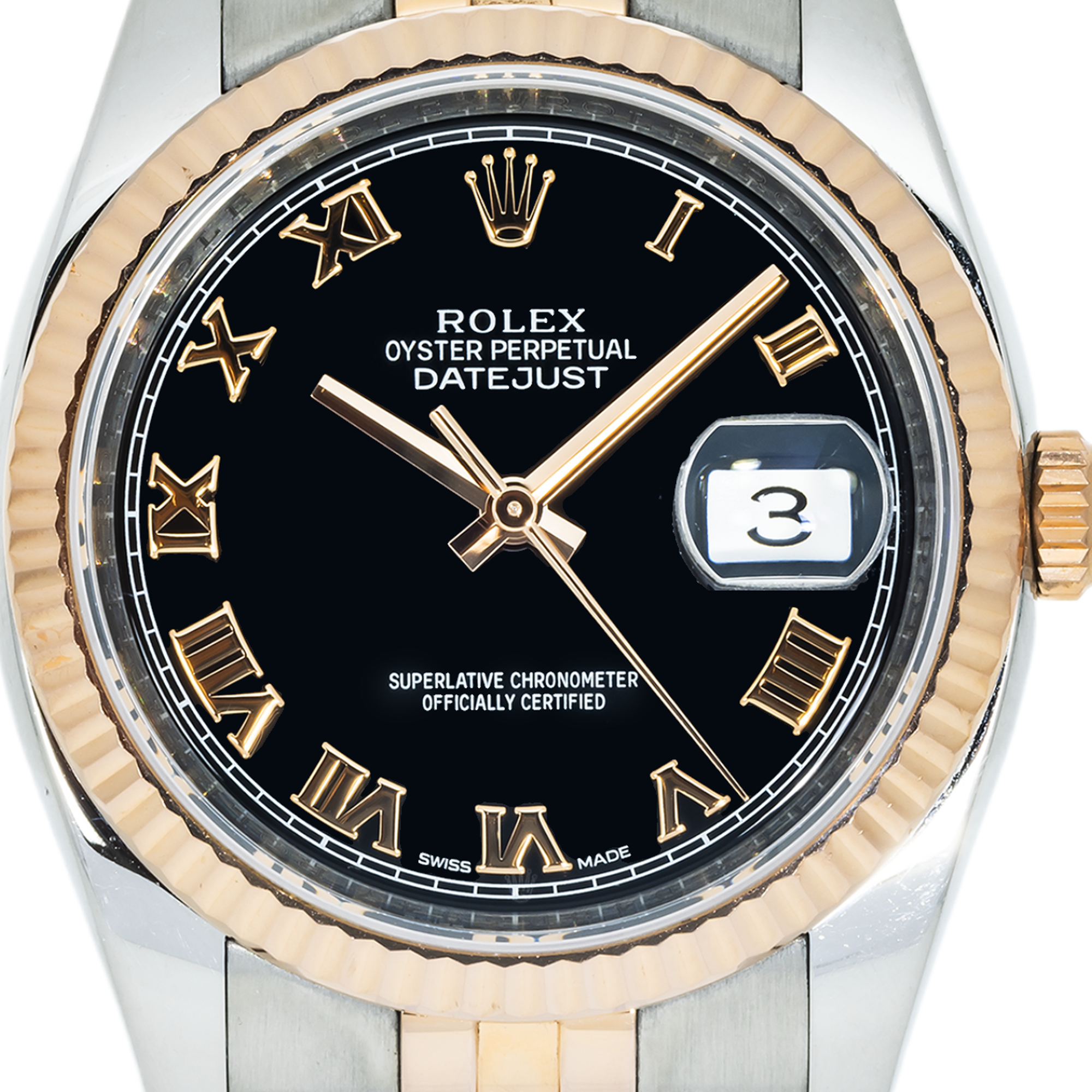 Rolex Stainless Steel and Everose Gold Datejust 36mm, 116231 Black Roman Dial and Jubilee Bracelet
