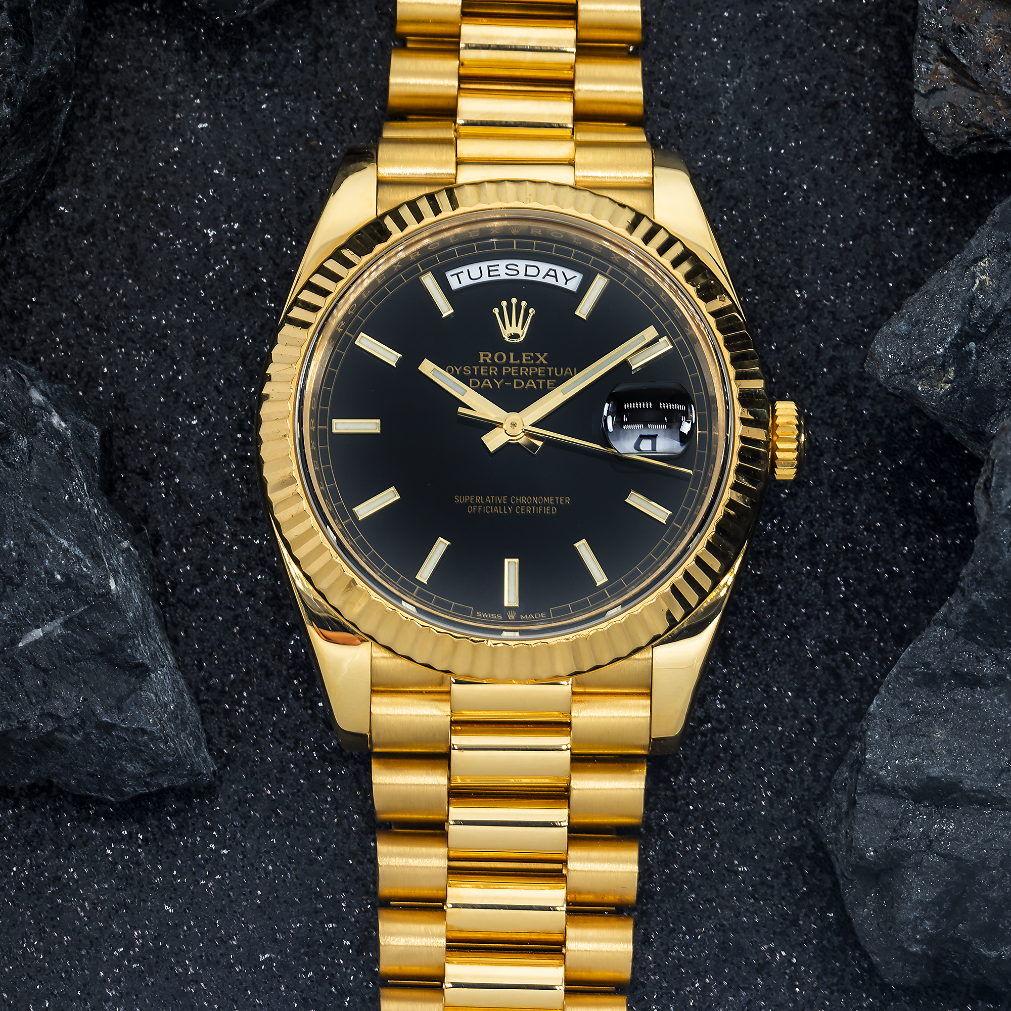 Rolex 18k Yellow Gold Day-Date 40mm, 228238 Black Dial and President Bracelet