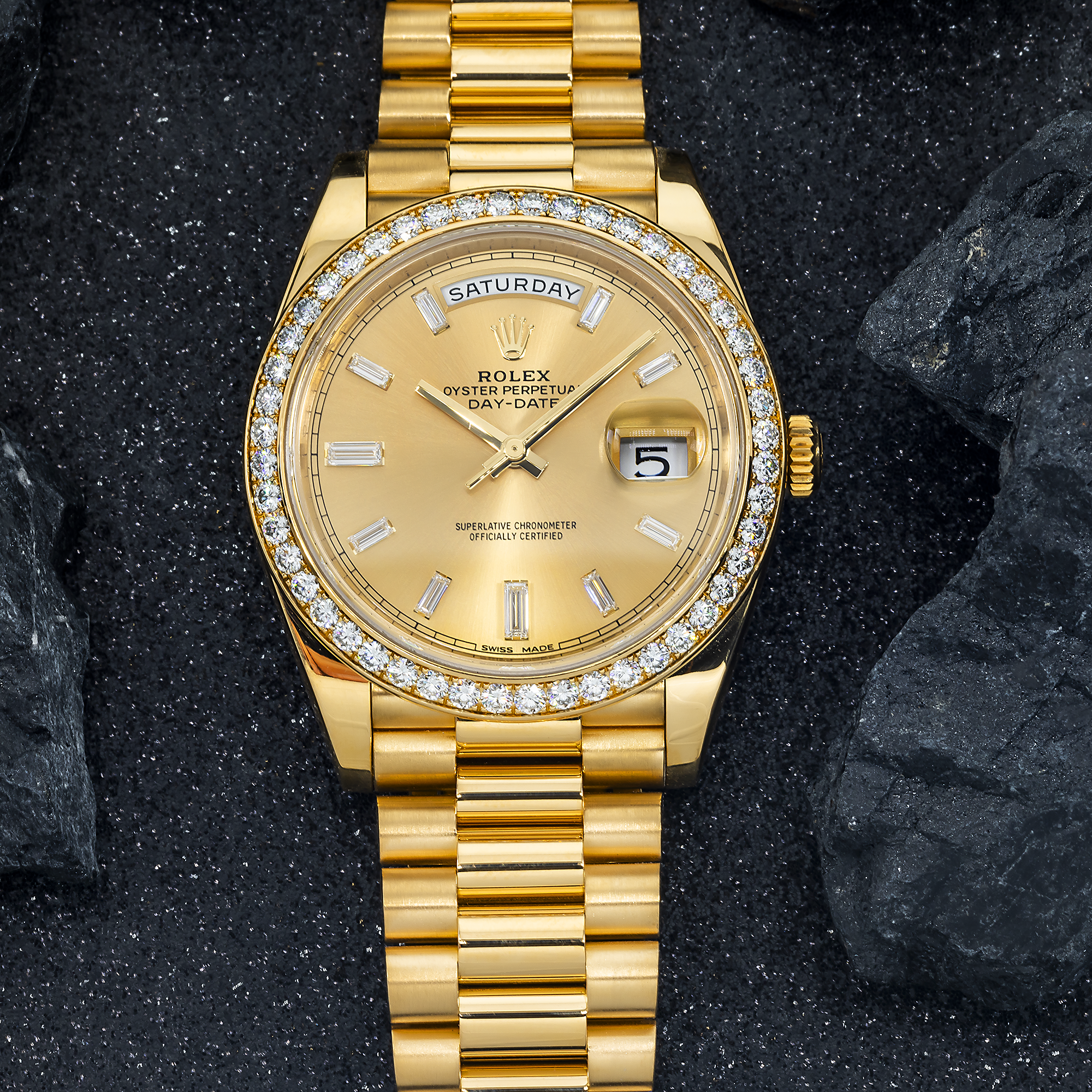 Rolex 18k Yellow Gold Day-Date 40mm, 228348RBR Factory Diamond Bezel and President Bracelet