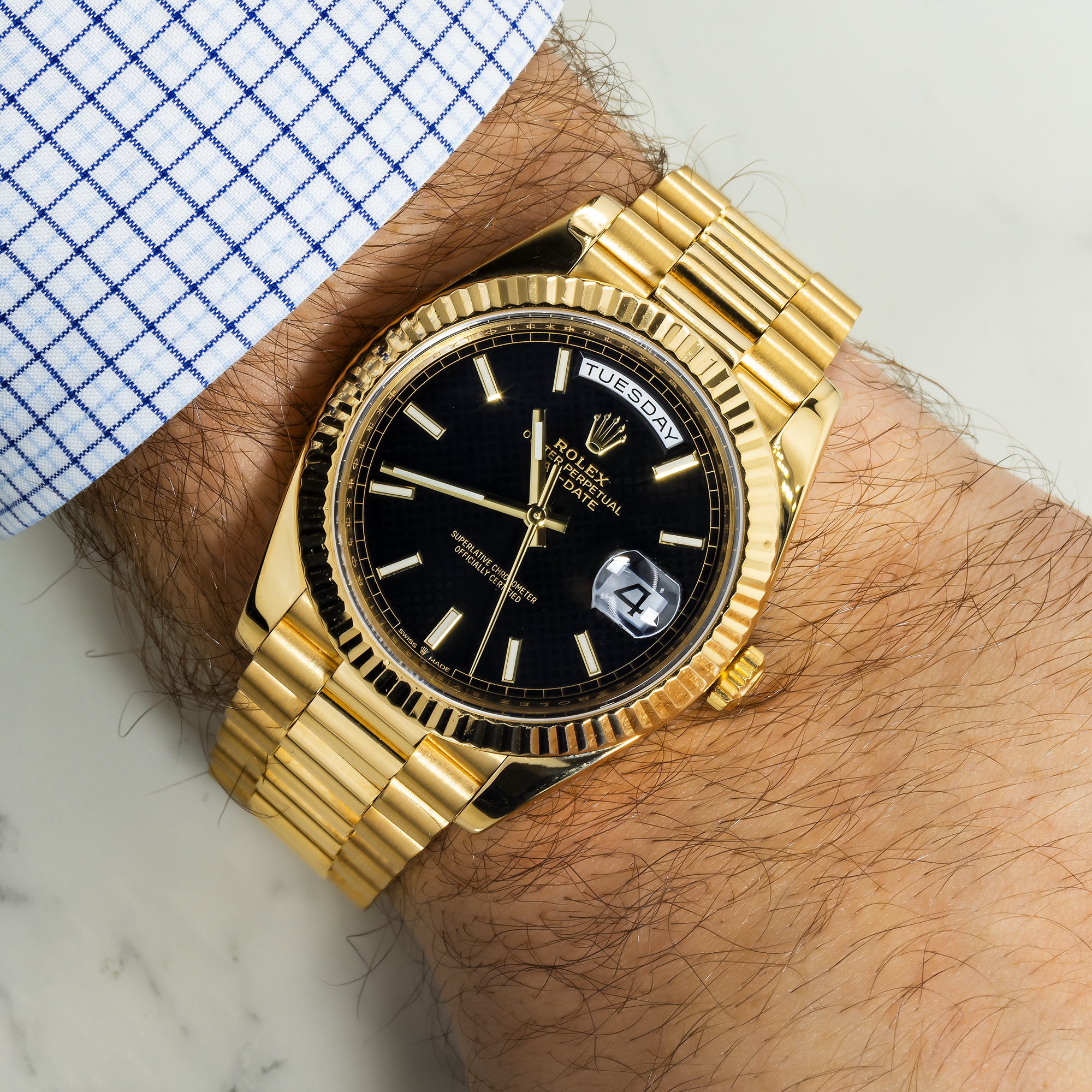 Rolex 18k Yellow Gold Day-Date 40mm, 228238 Black Dial and President Bracelet