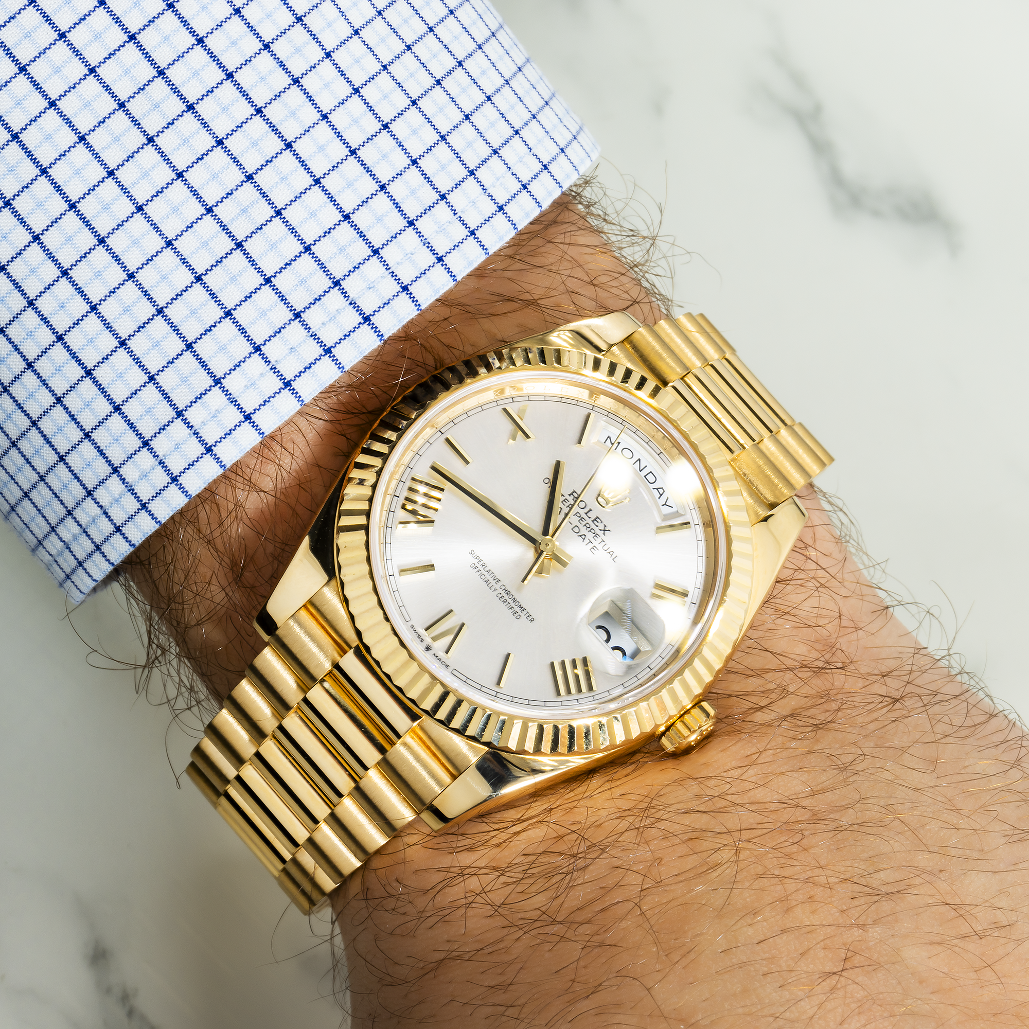Rolex 18k Yellow Gold Day-Date 40mm, 228238 Silver Roman Dial and President Bracelet