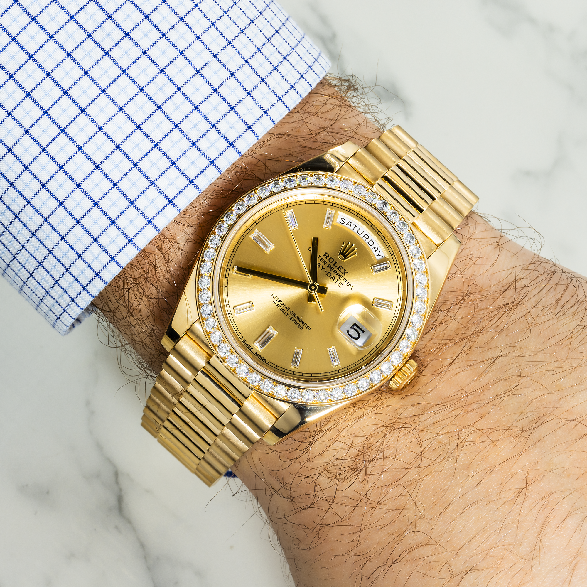 Rolex 18k Yellow Gold Day-Date 40mm, 228348RBR Factory Diamond Bezel and President Bracelet