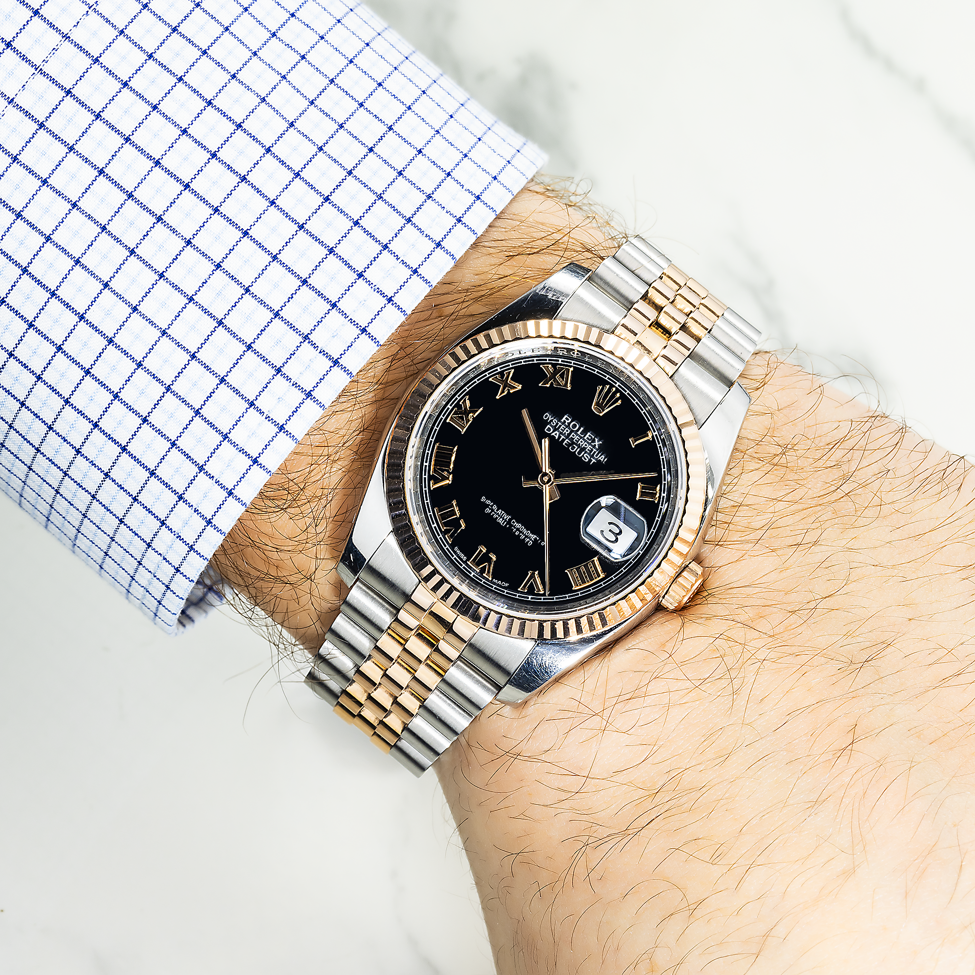 Rolex Stainless Steel and Everose Gold Datejust 36mm, 116231 Black Roman Dial and Jubilee Bracelet