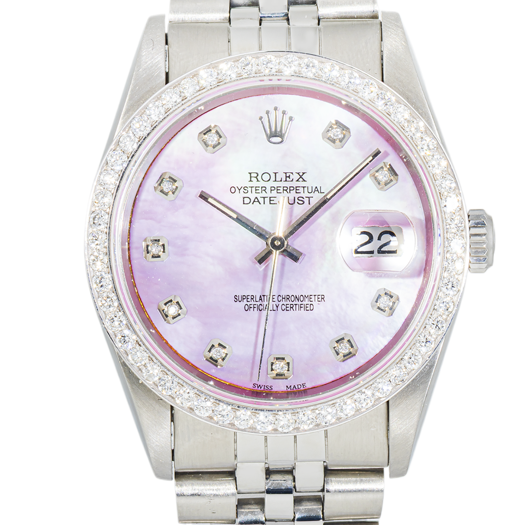 Rolex Datejust 36mm 16234 Purple MOP Diamond Dial Diamond Bezel Jubilee Stainless Steel