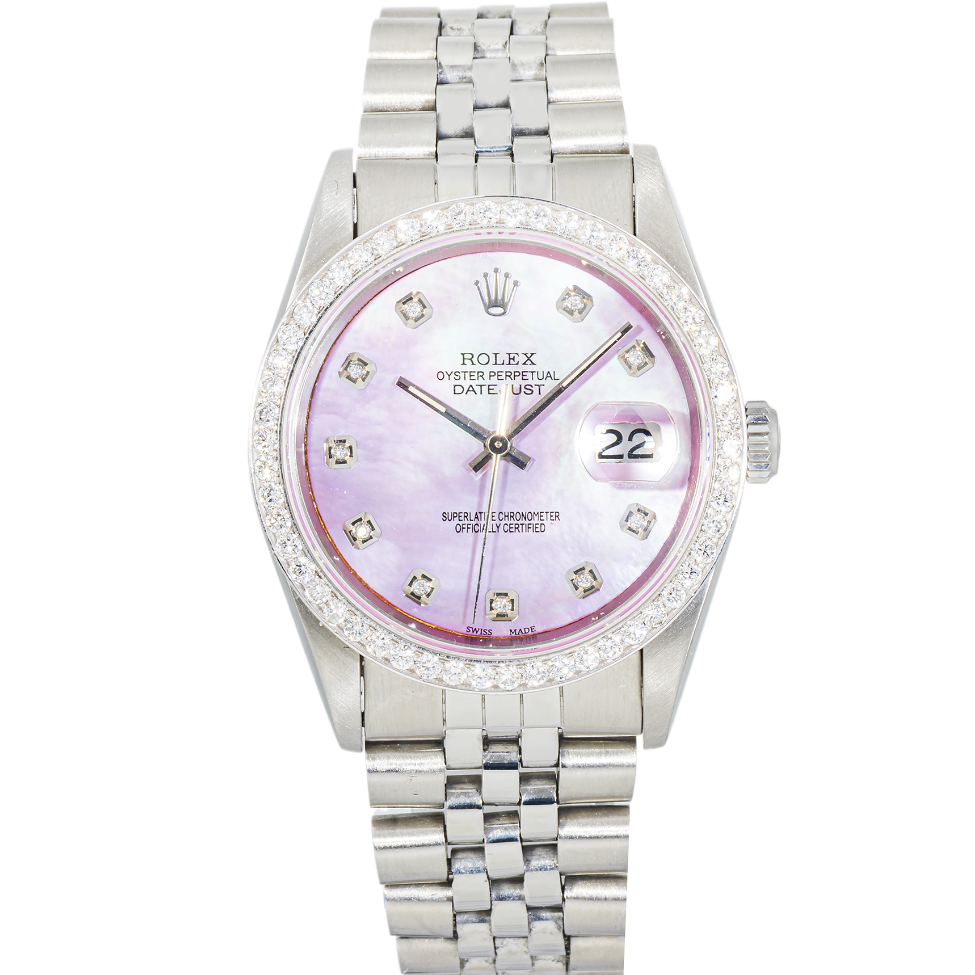 Rolex Datejust 36mm 16234 Purple MOP Diamond Dial Diamond Bezel Jubilee Stainless Steel