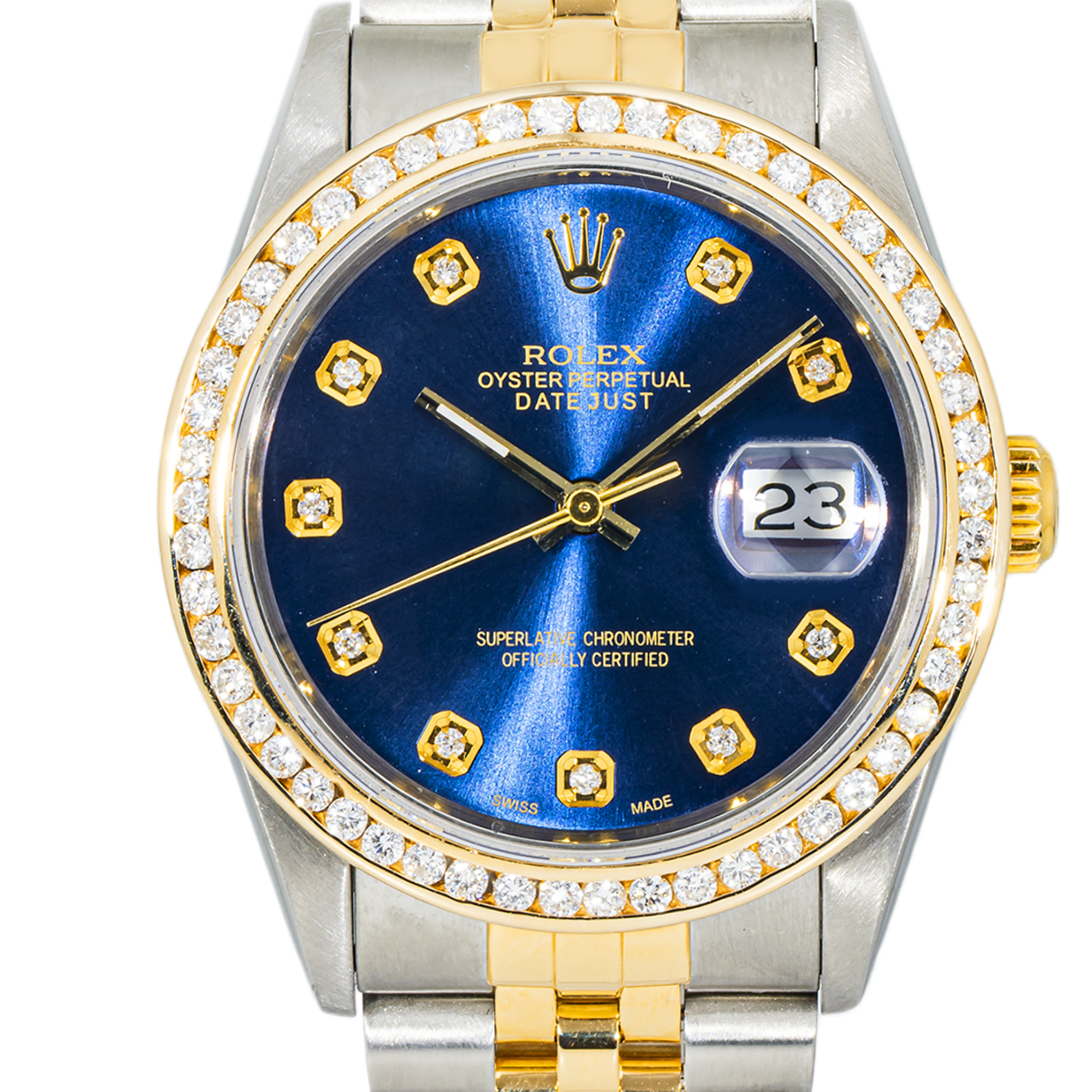 Rolex Datejust 16233 with blue aftermarket diamond dial and diamond bezel. Two-tone 36mm Jubilee bracelet luxury timepiece.