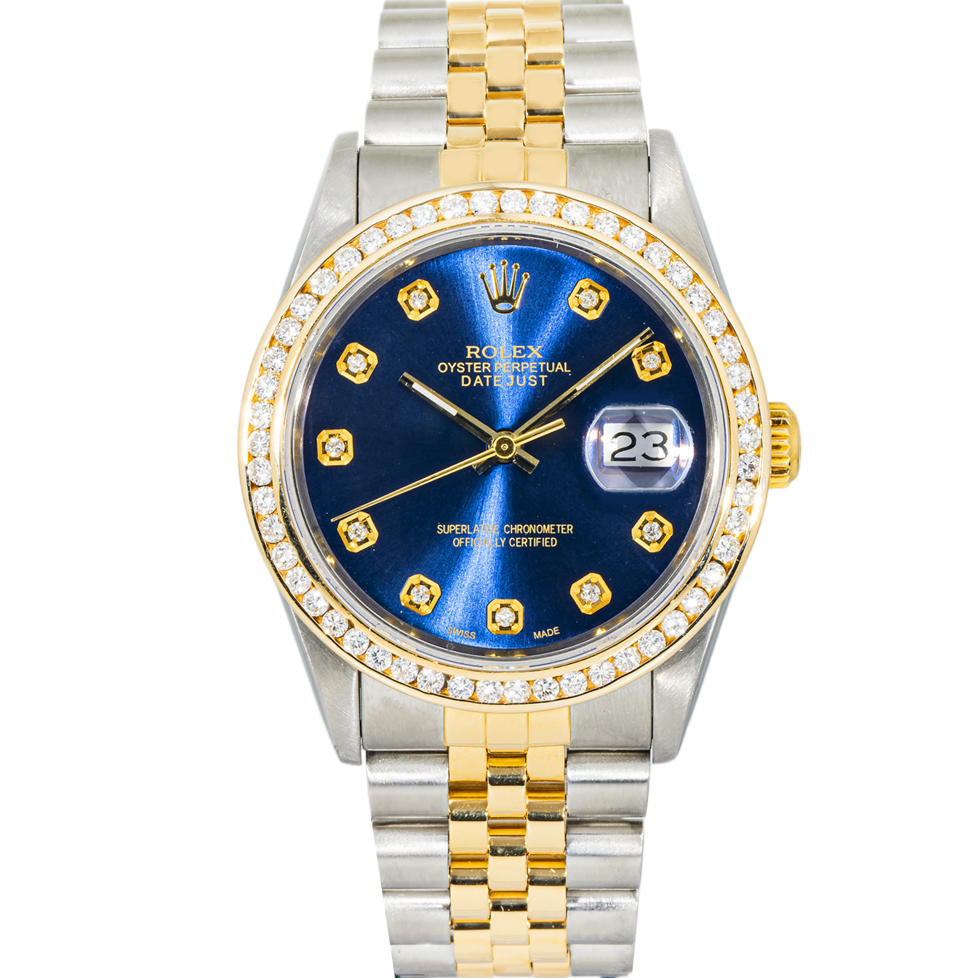 Rolex Datejust 16233 with blue aftermarket diamond dial and diamond bezel. Two-tone 36mm Jubilee bracelet luxury timepiece.