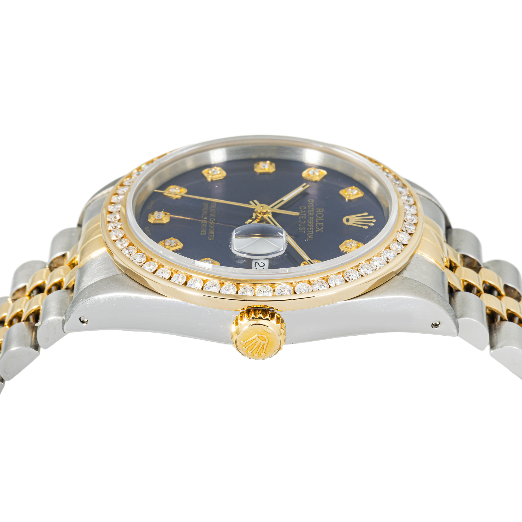 Rolex Datejust 16233 with blue aftermarket diamond dial and diamond bezel. Two-tone 36mm Jubilee bracelet luxury timepiece.