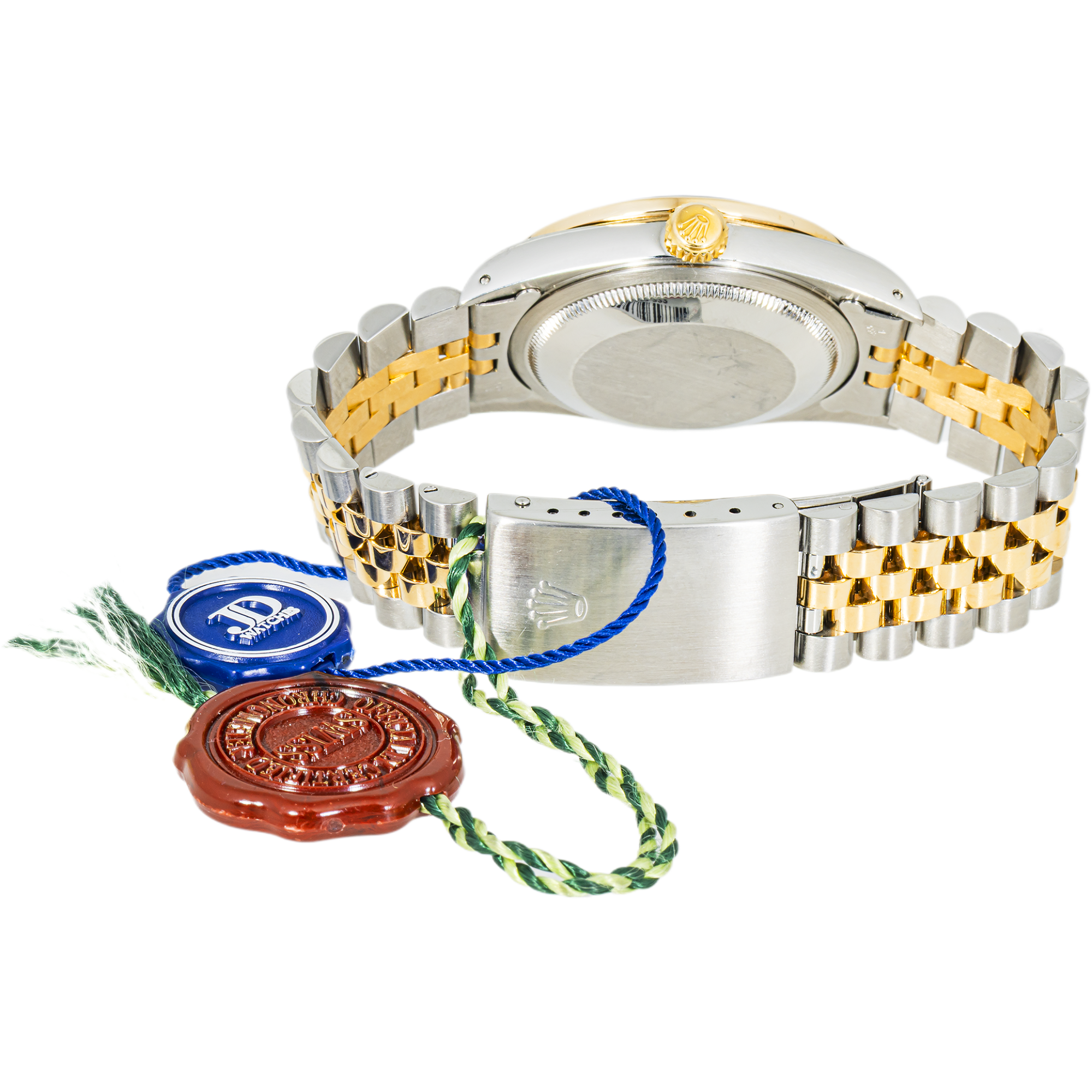 Rolex Datejust 16233 with blue aftermarket diamond dial and diamond bezel. Two-tone 36mm Jubilee bracelet luxury timepiece.