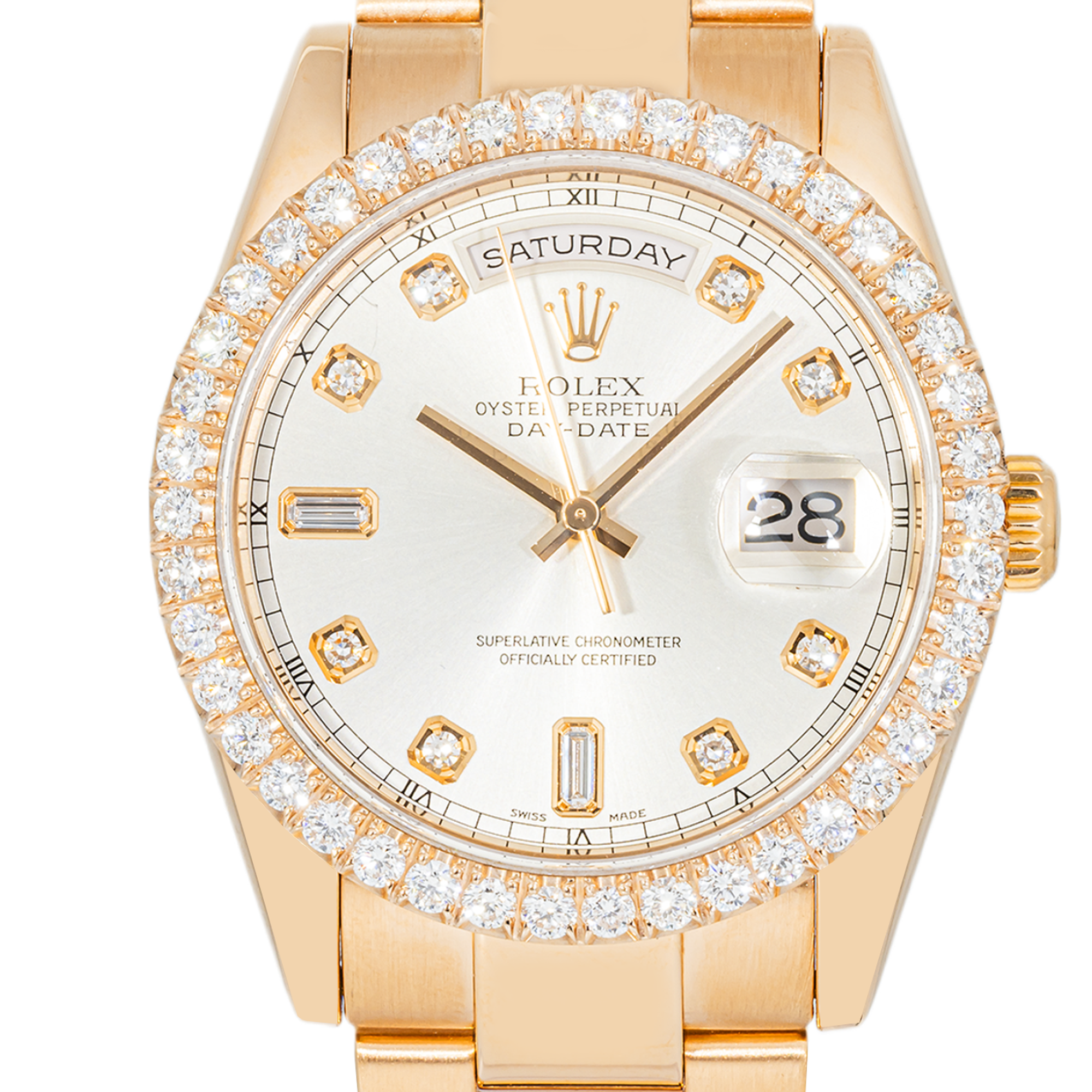 Rolex Day-Date 118205 36mm Everose Gold Silver Diamond Dial Diamond Bezel President