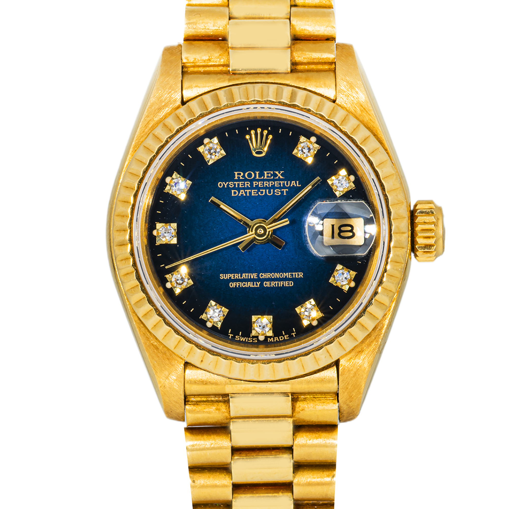 Rolex Datejust 26mm 69178 Black Gradient Blue Diamond Dial 18K Yellow Gold President Bracelet