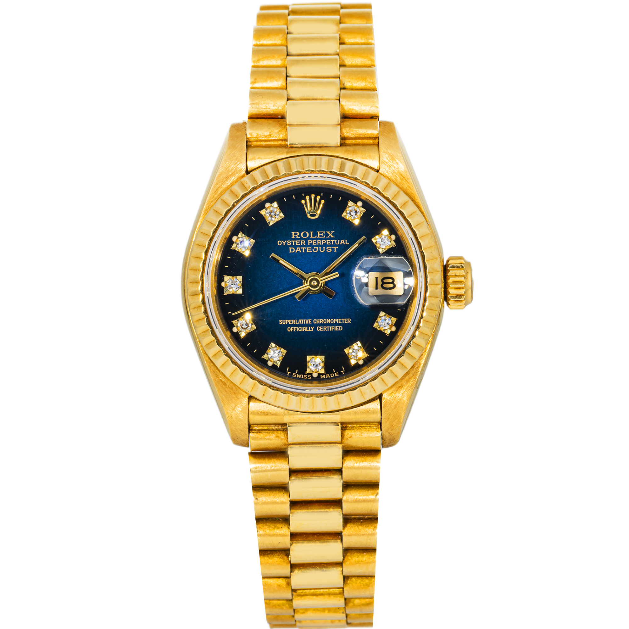 Rolex Datejust 26mm 69178 Black Gradient Blue Diamond Dial 18K Yellow Gold President Bracelet