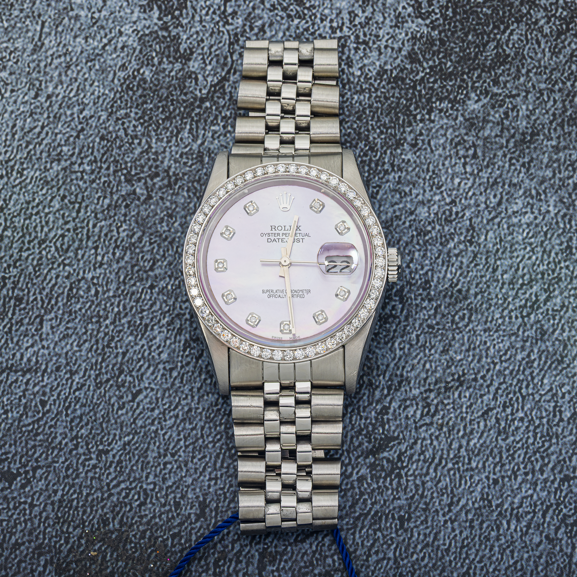 Rolex Datejust 36mm 16234 Purple MOP Diamond Dial Diamond Bezel Jubilee Stainless Steel