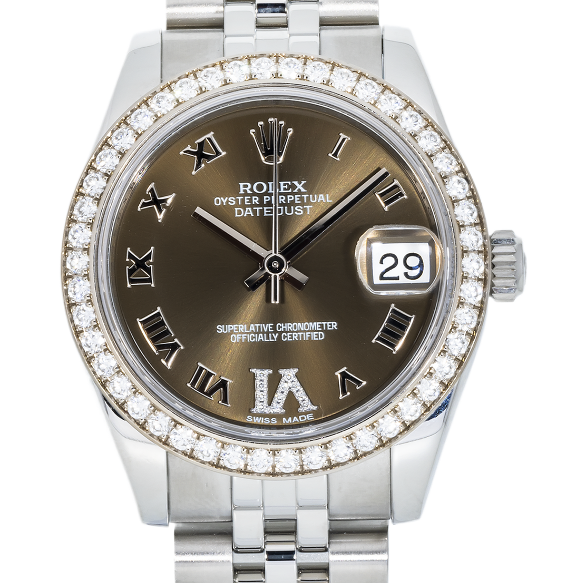 Rolex Datejust 31 mm 178384 – Stainless Steel Brown Roman Diamond Dial with Factory Diamond Bezel on Jubilee Bracelet