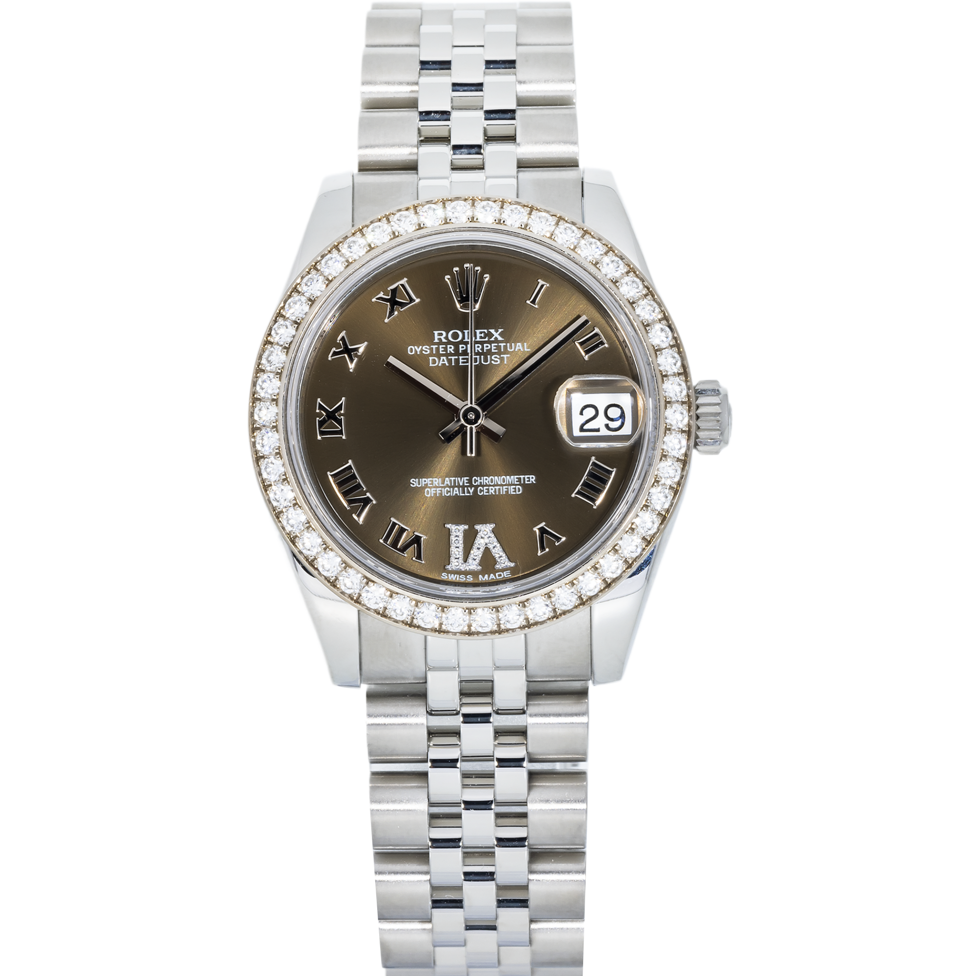 Rolex Datejust 31 mm 178384 – Stainless Steel Brown Roman Diamond Dial with Factory Diamond Bezel on Jubilee Bracelet
