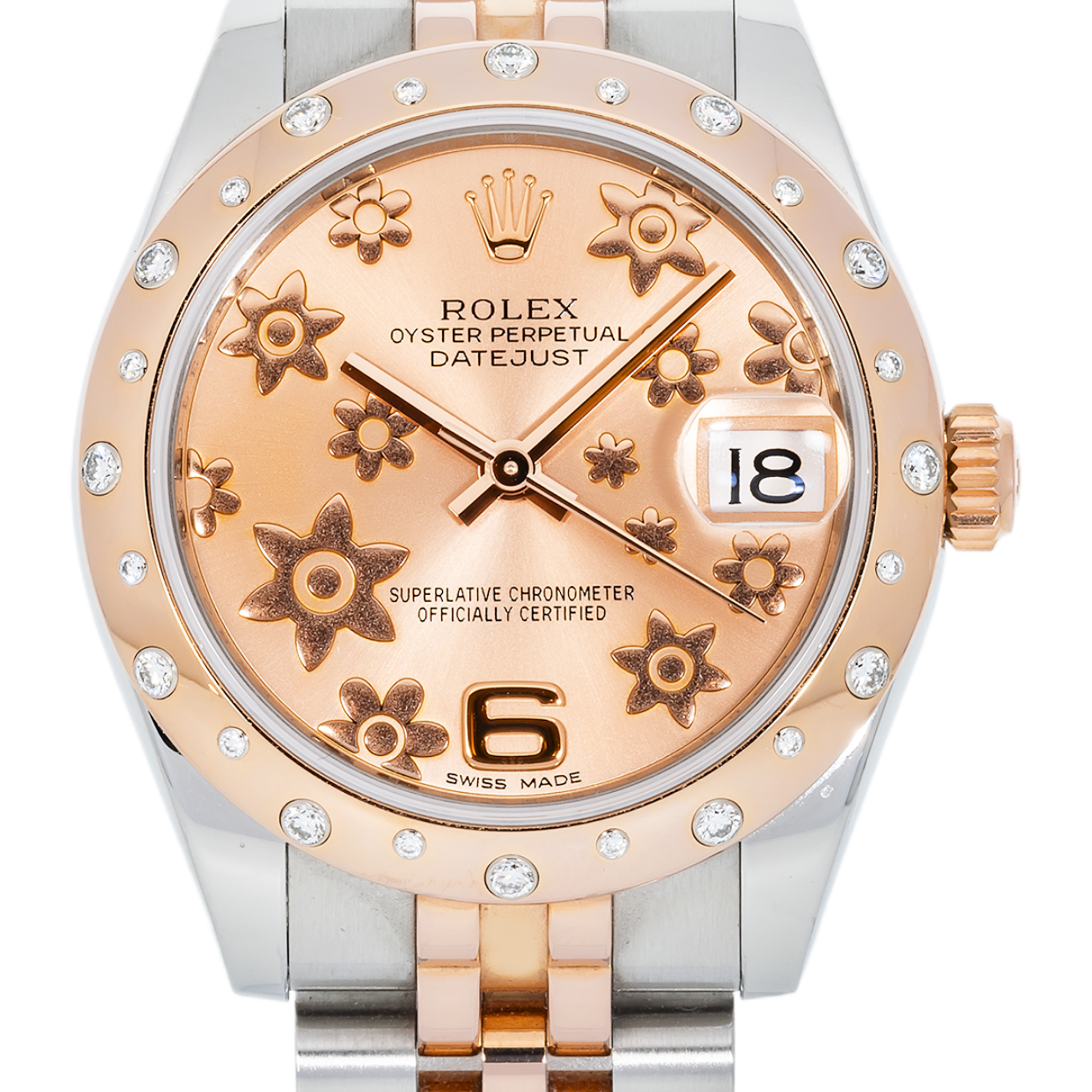Rolex Datejust 31 mm 178341 – Rose Gold & Steel Pink Floral Motif Arabic Dial with Factory Diamond-Set Domed Bezel