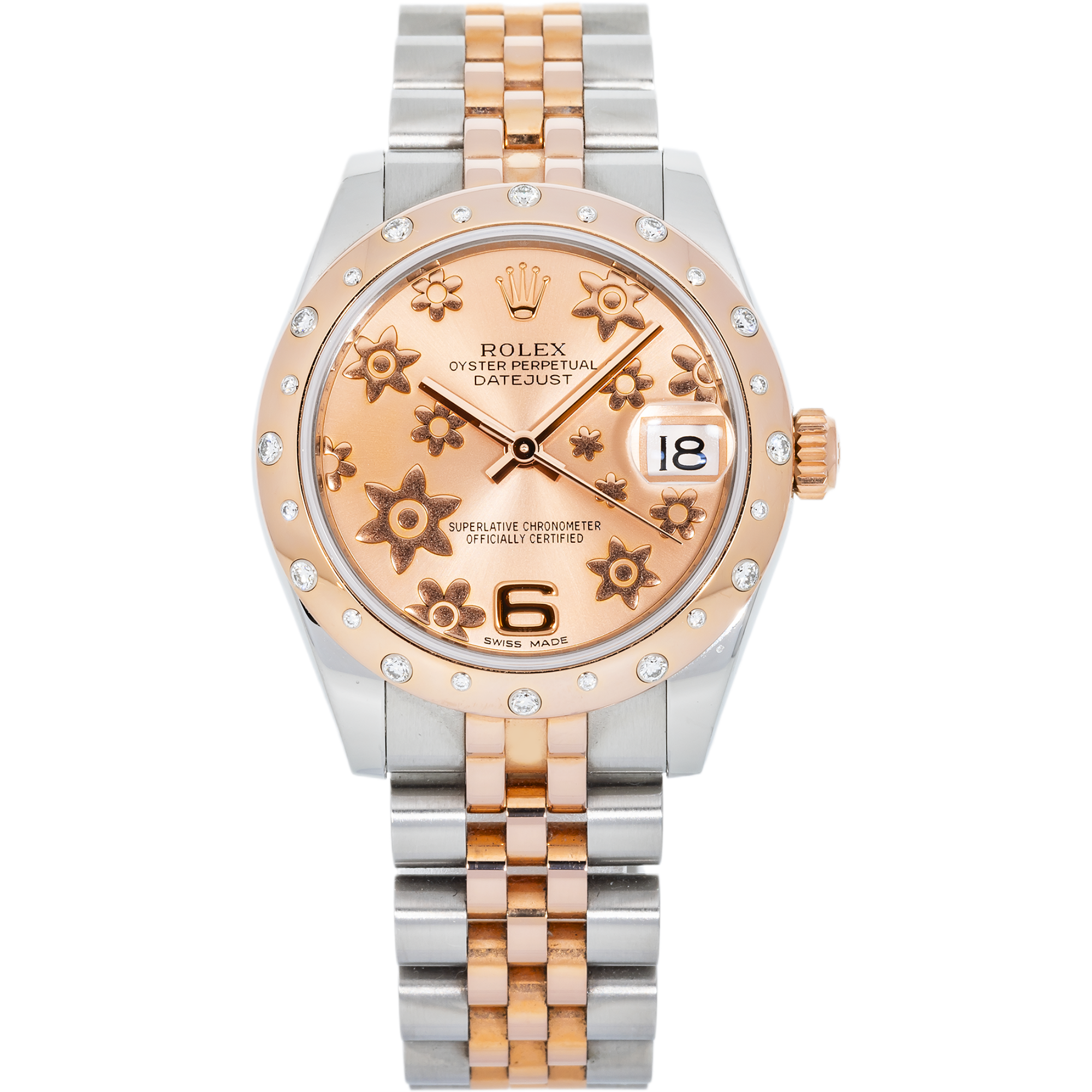 Rolex Datejust 31 mm 178341 – Rose Gold & Steel Pink Floral Motif Arabic Dial with Factory Diamond-Set Domed Bezel