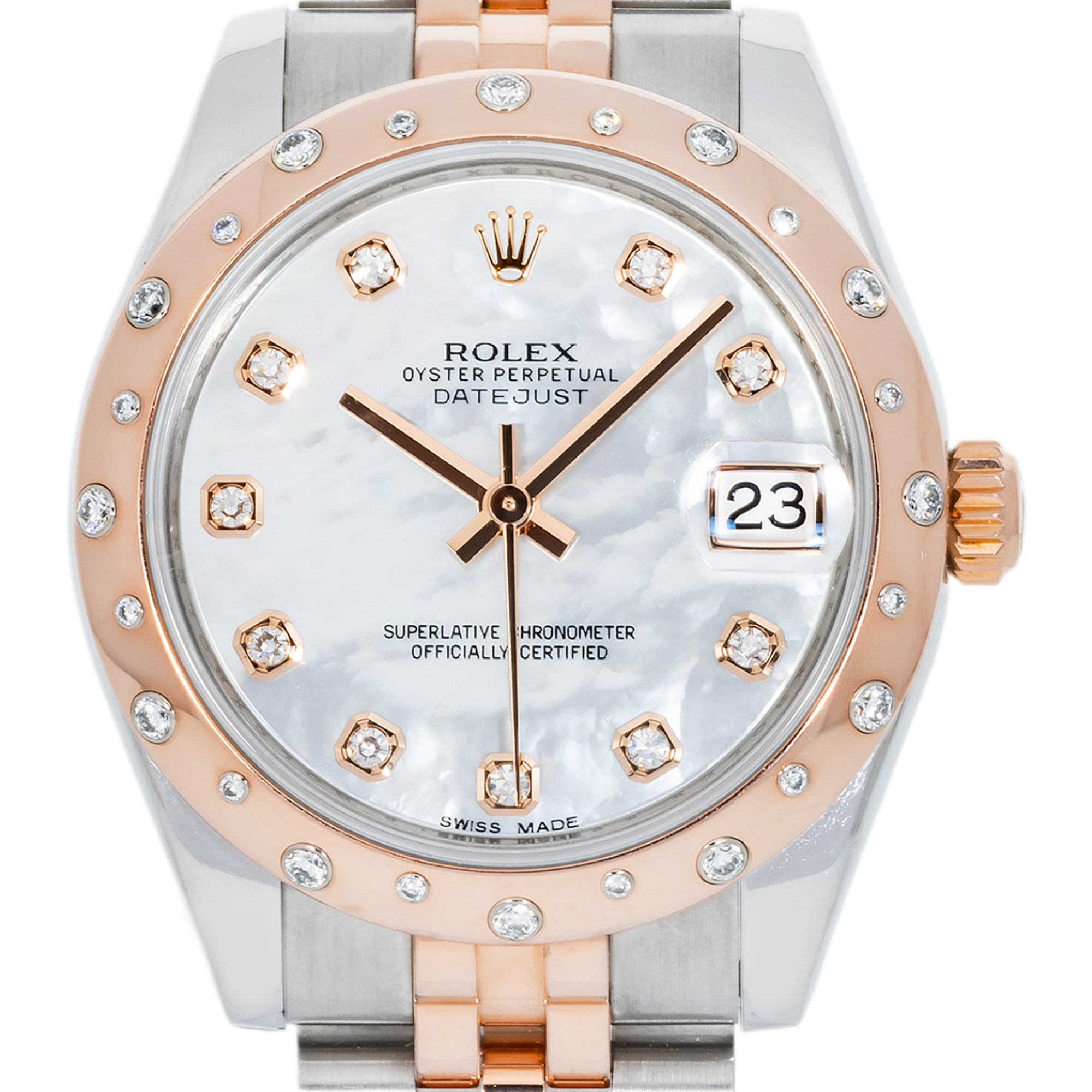 Rolex Datejust 31 mm 178341 – Everose Gold & Steel Mother of Pearl Diamond Dial with Factory Diamond Domed Bezel on Jubilee Bracelet