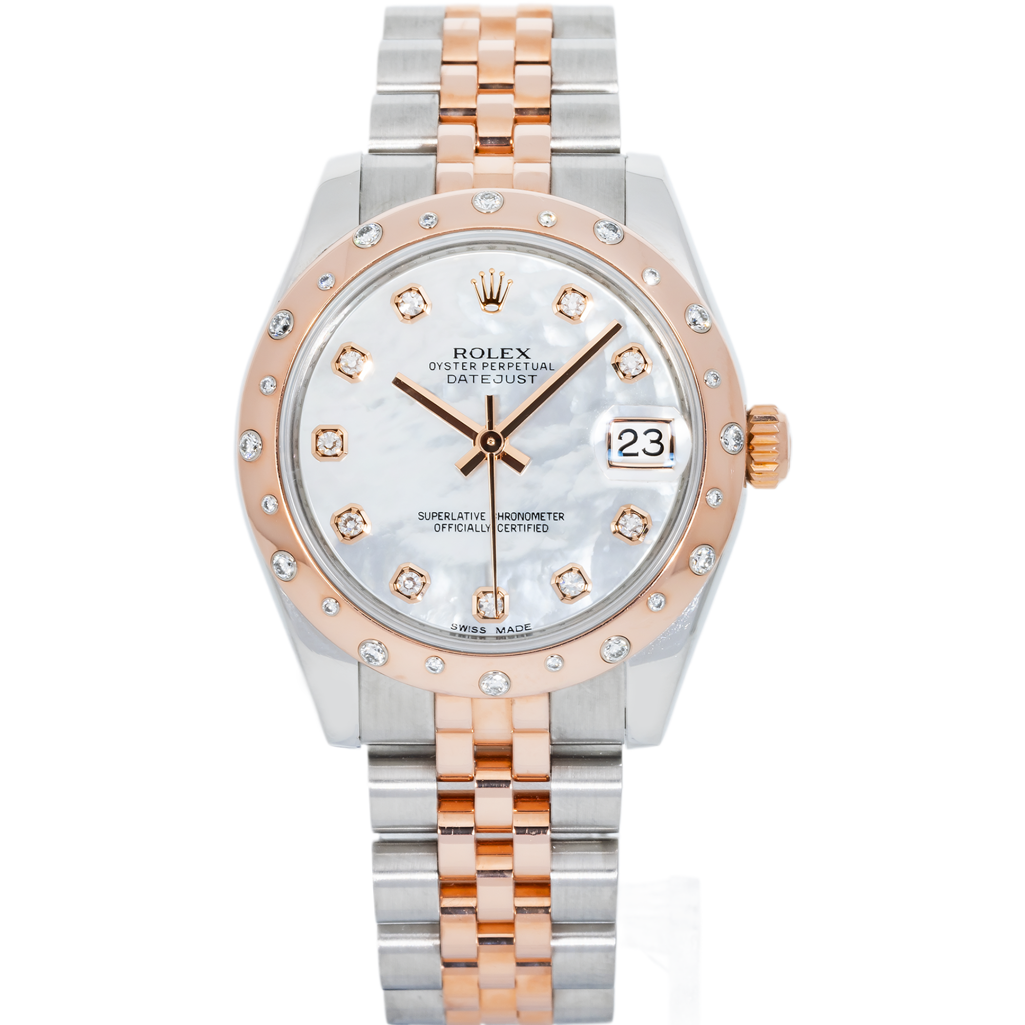 Rolex Datejust 31 mm 178341 – Everose Gold & Steel Mother of Pearl Diamond Dial with Factory Diamond Domed Bezel on Jubilee Bracelet