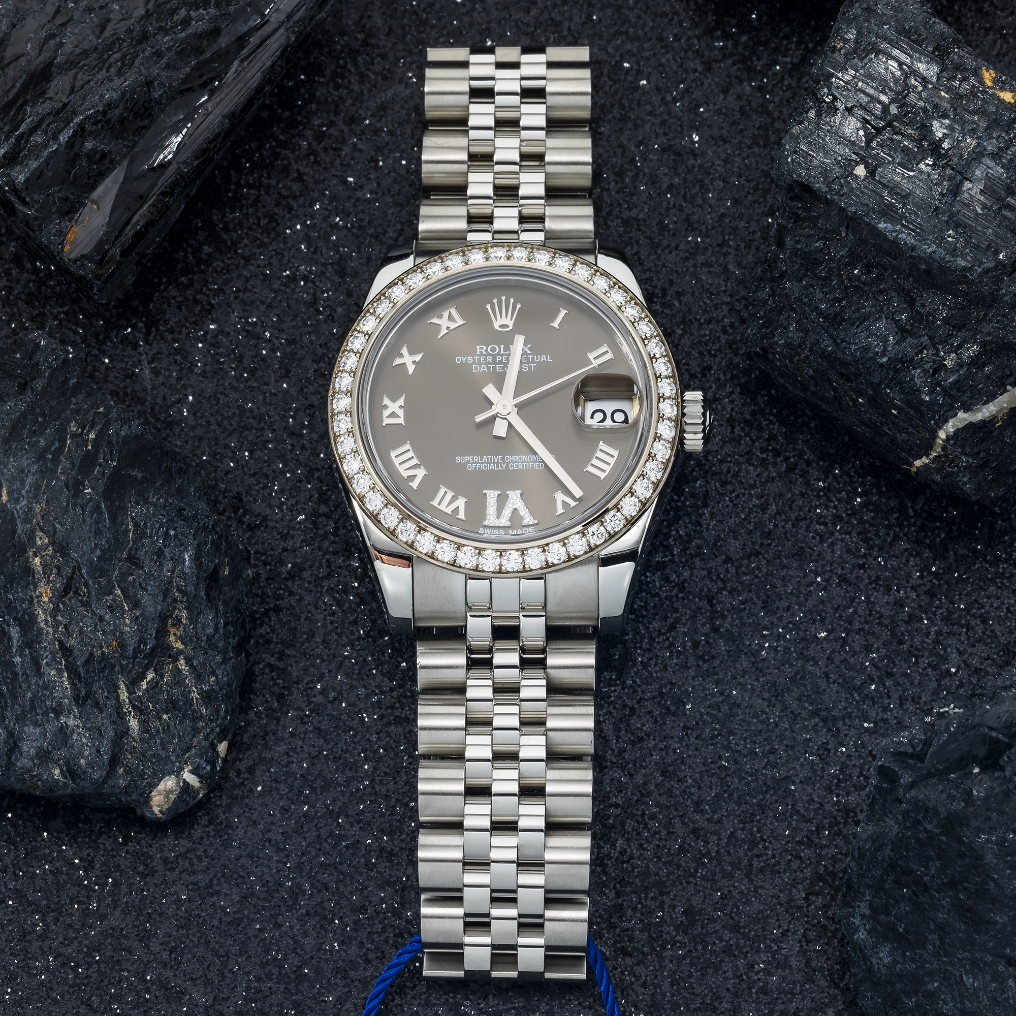 Rolex Datejust 31 mm 178384 – Stainless Steel Brown Roman Diamond Dial with Factory Diamond Bezel on Jubilee Bracelet