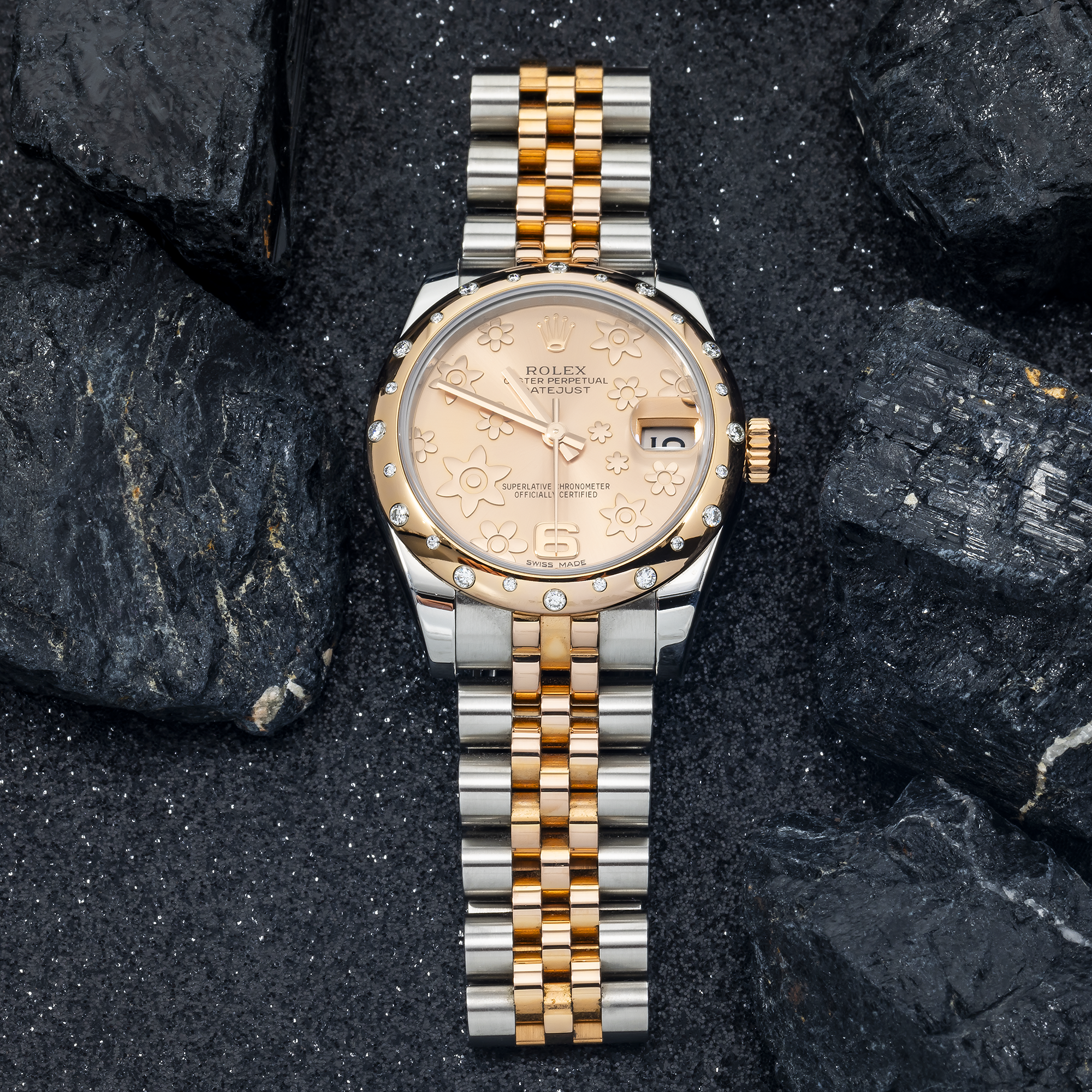 Rolex Datejust 31 mm 178341 – Rose Gold & Steel Pink Floral Motif Arabic Dial with Factory Diamond-Set Domed Bezel