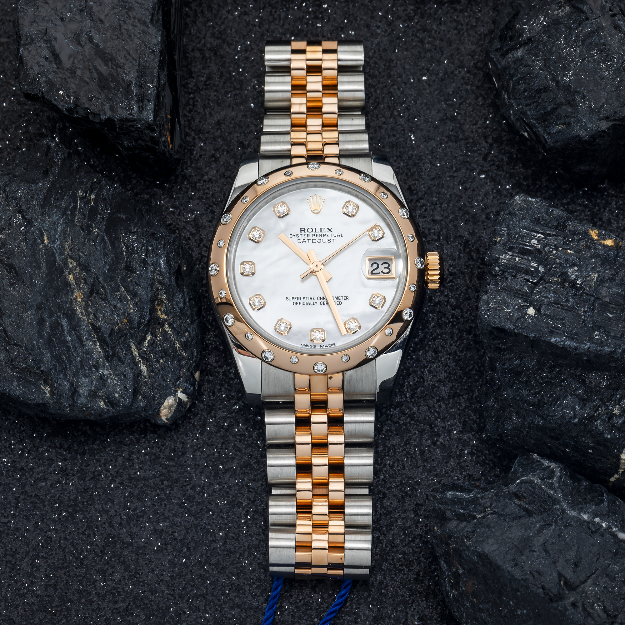Rolex Datejust 31 mm 178341 – Everose Gold & Steel Mother of Pearl Diamond Dial with Factory Diamond Domed Bezel on Jubilee Bracelet