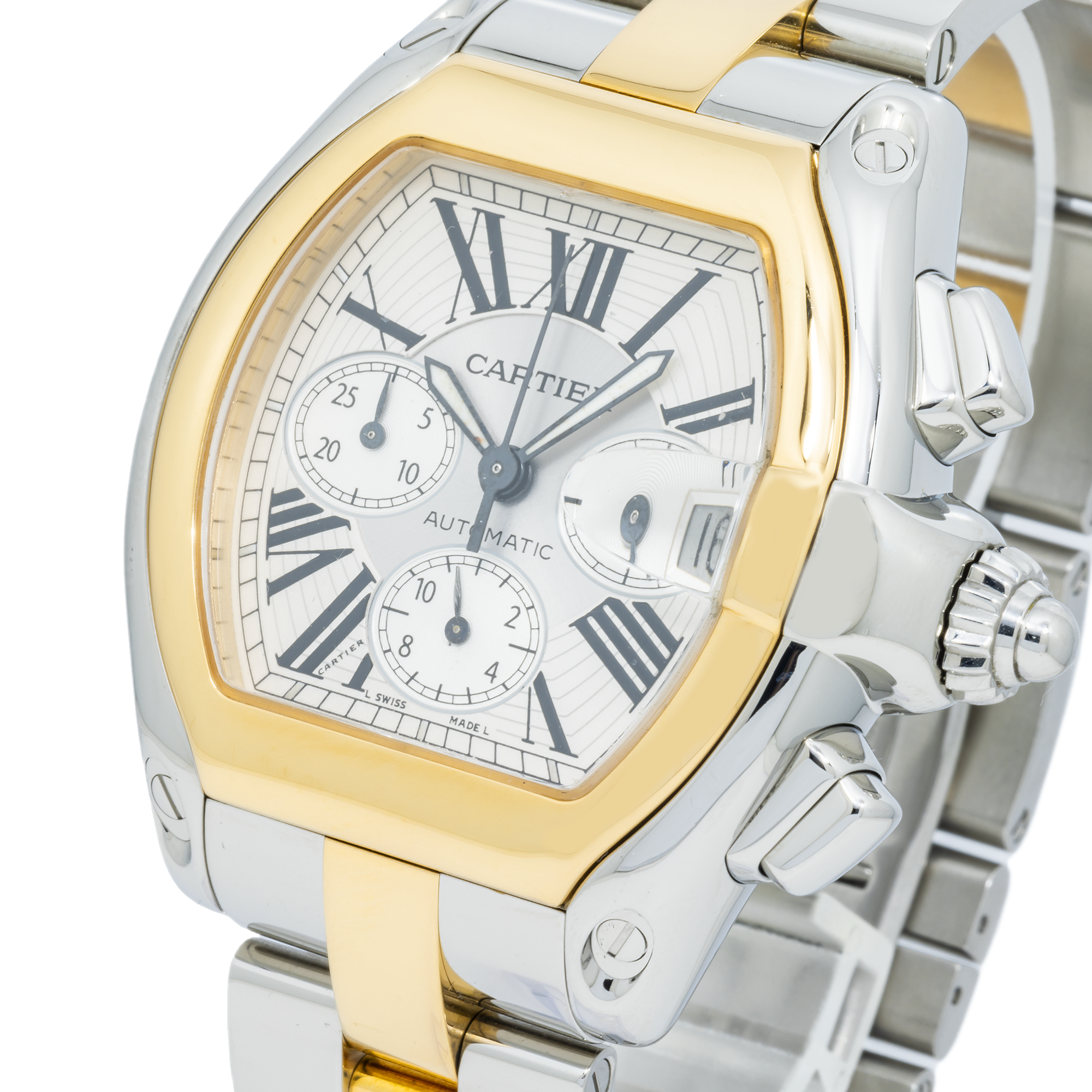 Cartier Roadster Chronograph Steel Yellow Gold Mens Watch W62027Z1
