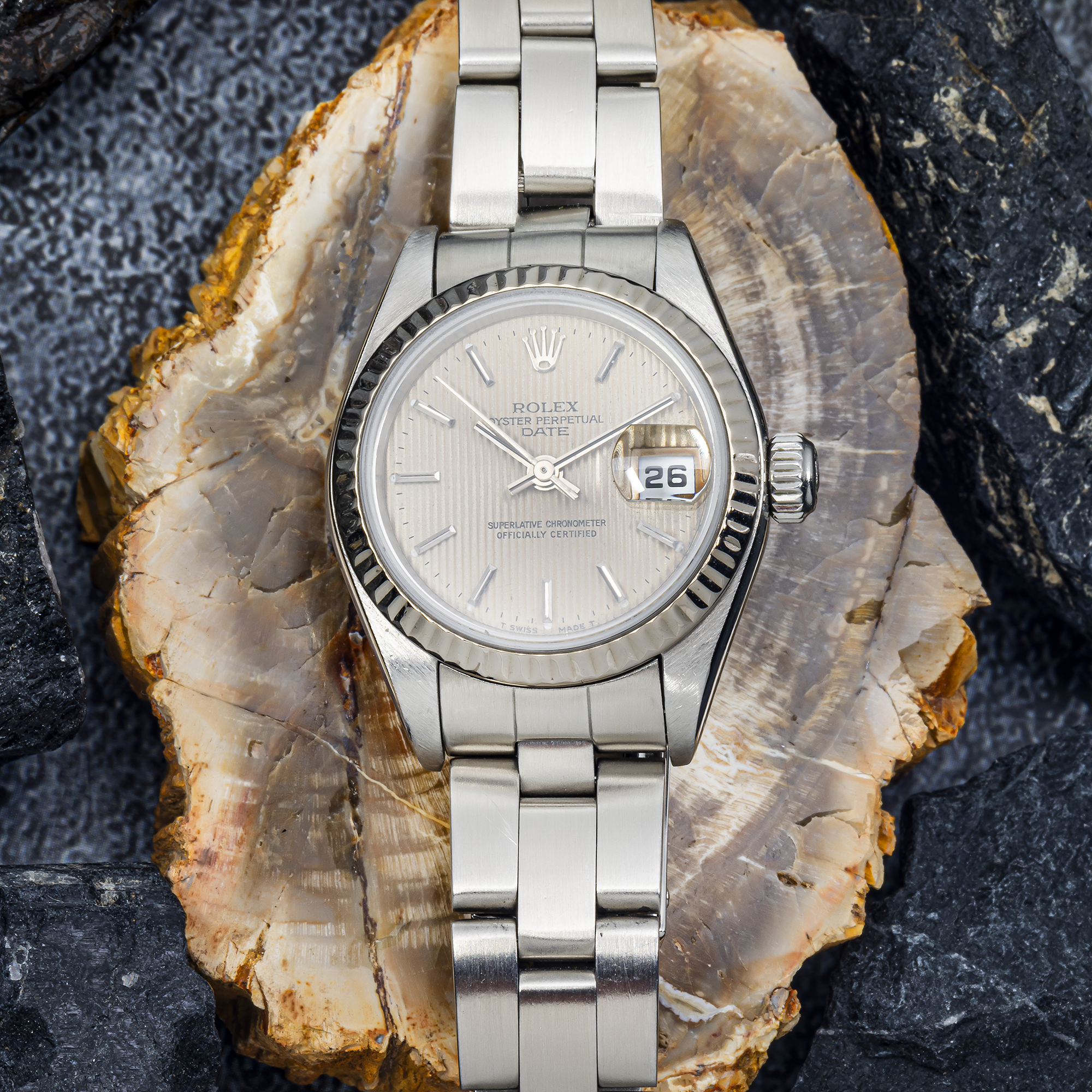 Rolex Datejust 79174 26mm Ivory Tapestry Dial Oyster Bracelet Watch