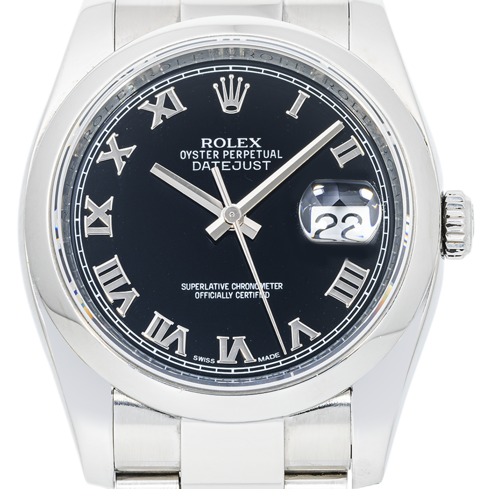 Rolex Datejust Ref. 116200 – 36mm Steel – Black Roman Dial and Oyster Bracelet