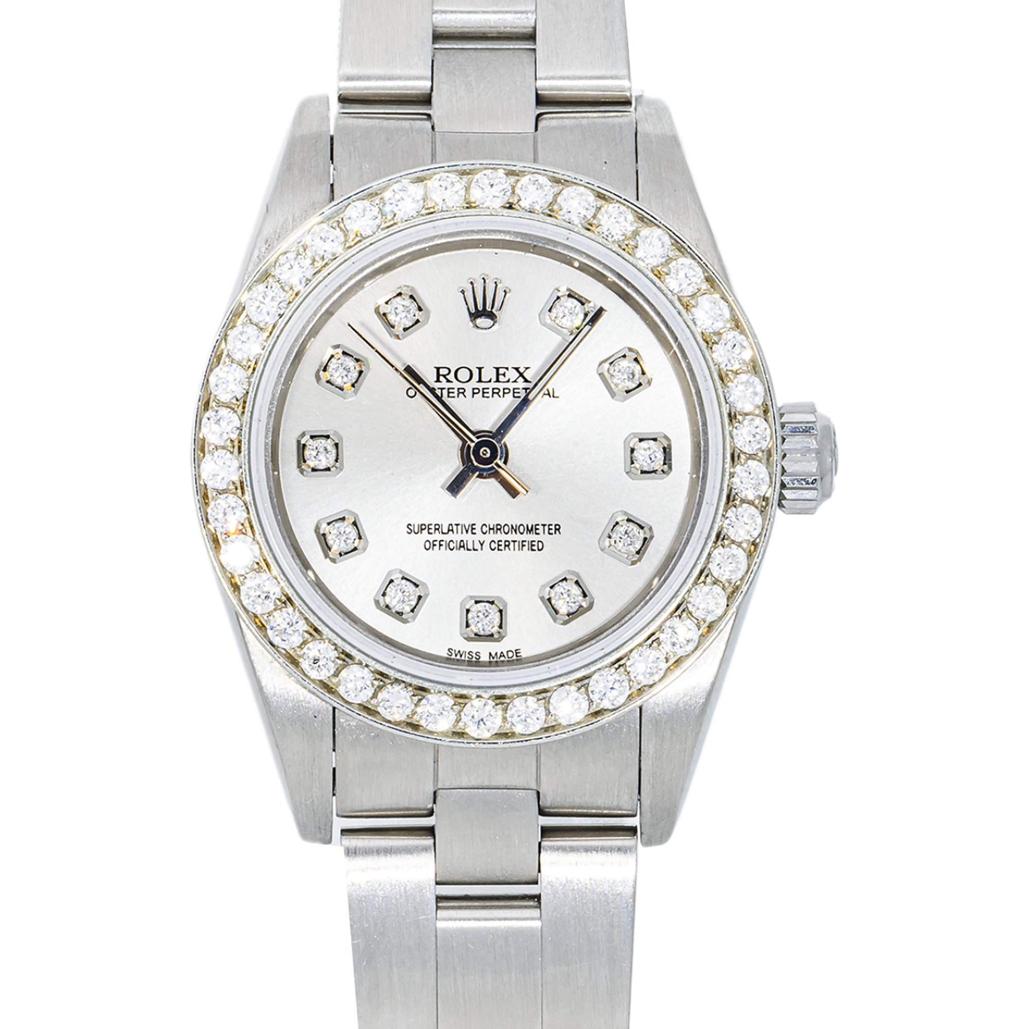 Rolex 76080 Silver Diamond Dial w/ Aftermarket Diamond Bezel