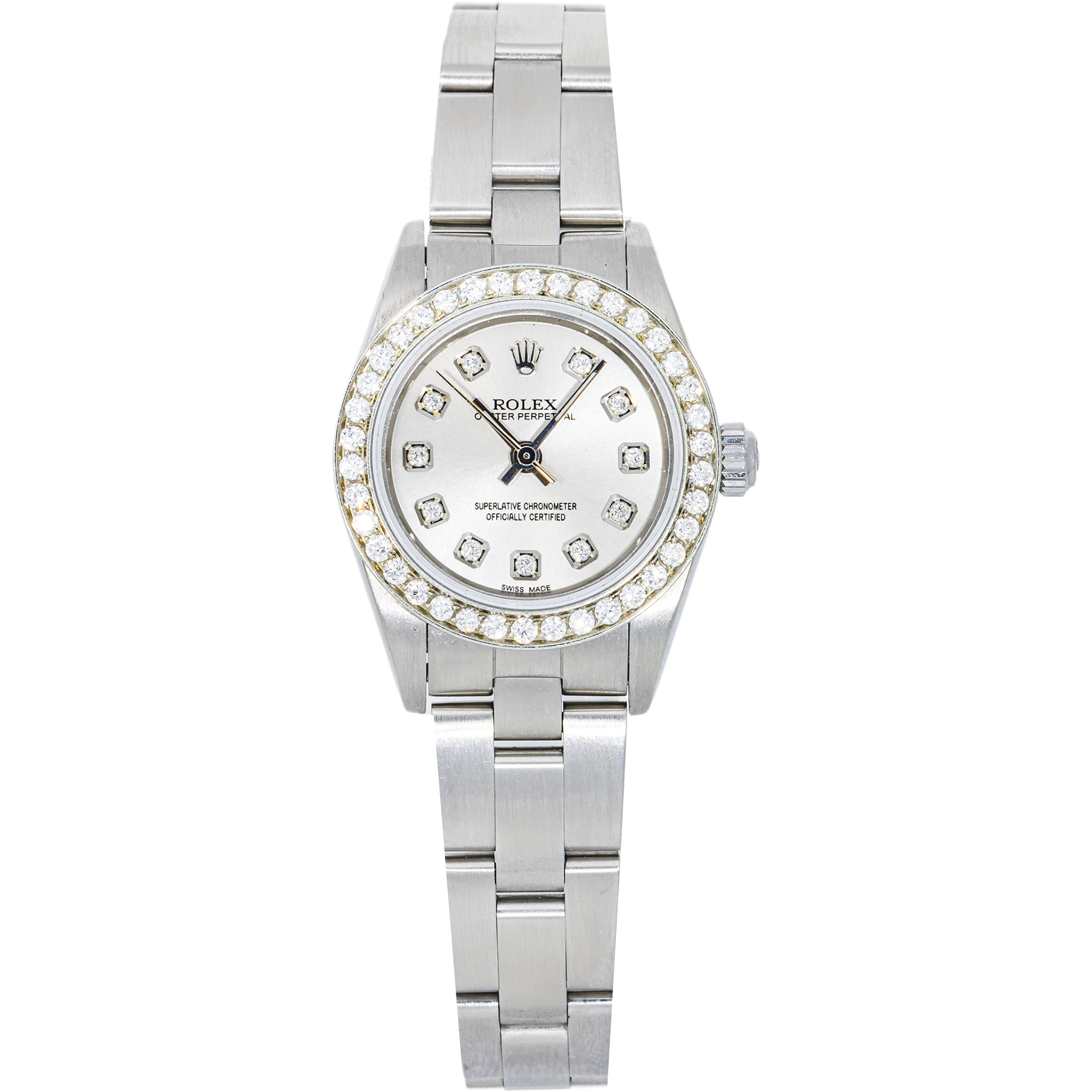 Rolex 76080 Silver Diamond Dial w/ Aftermarket Diamond Bezel