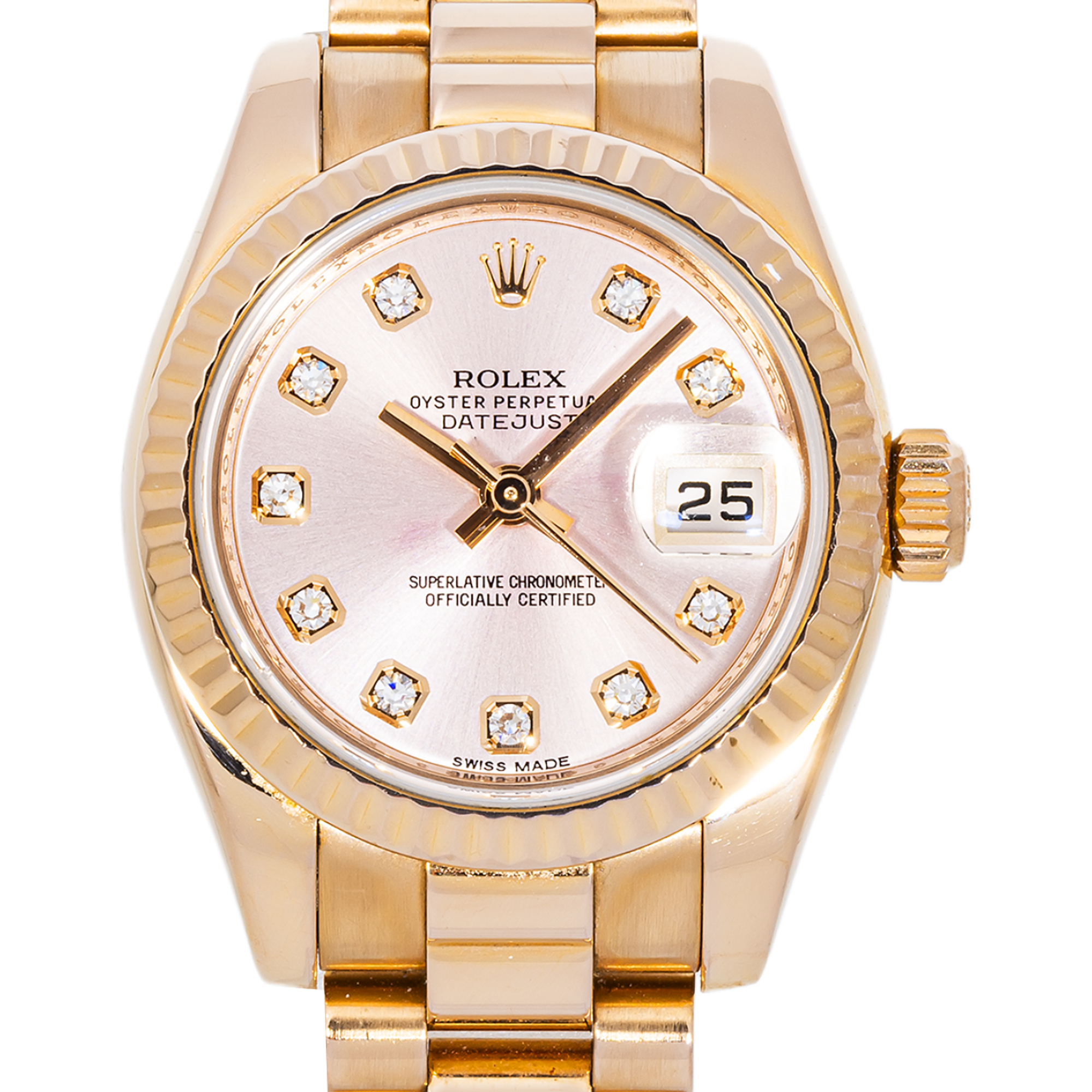 Rolex Datejust 26mm 179175F – 18k Rose Gold  with Pink Diamond Dial & Fluted Bezel and President Bracelet