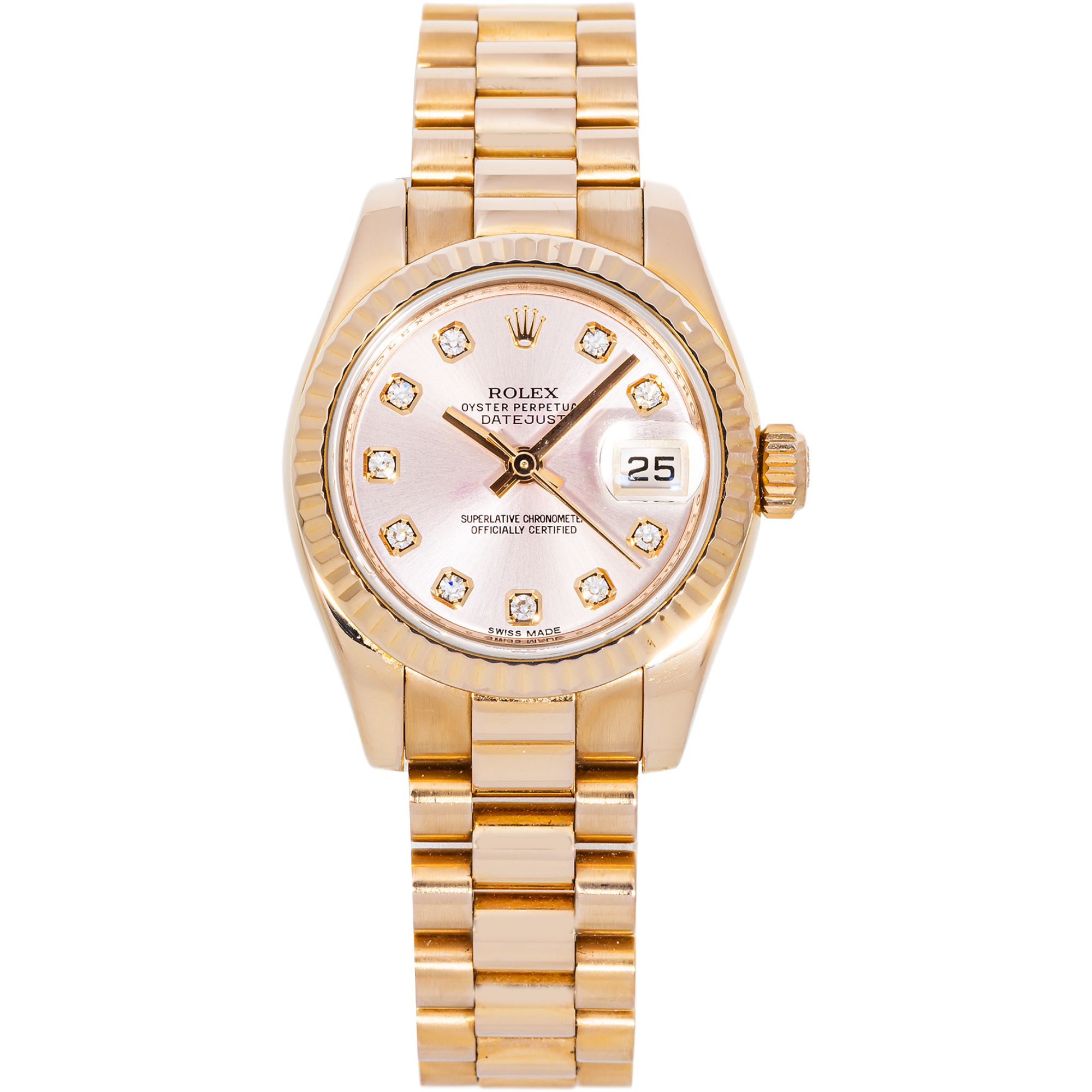 Rolex Datejust 26mm 179175F – 18k Rose Gold  with Pink Diamond Dial & Fluted Bezel and President Bracelet