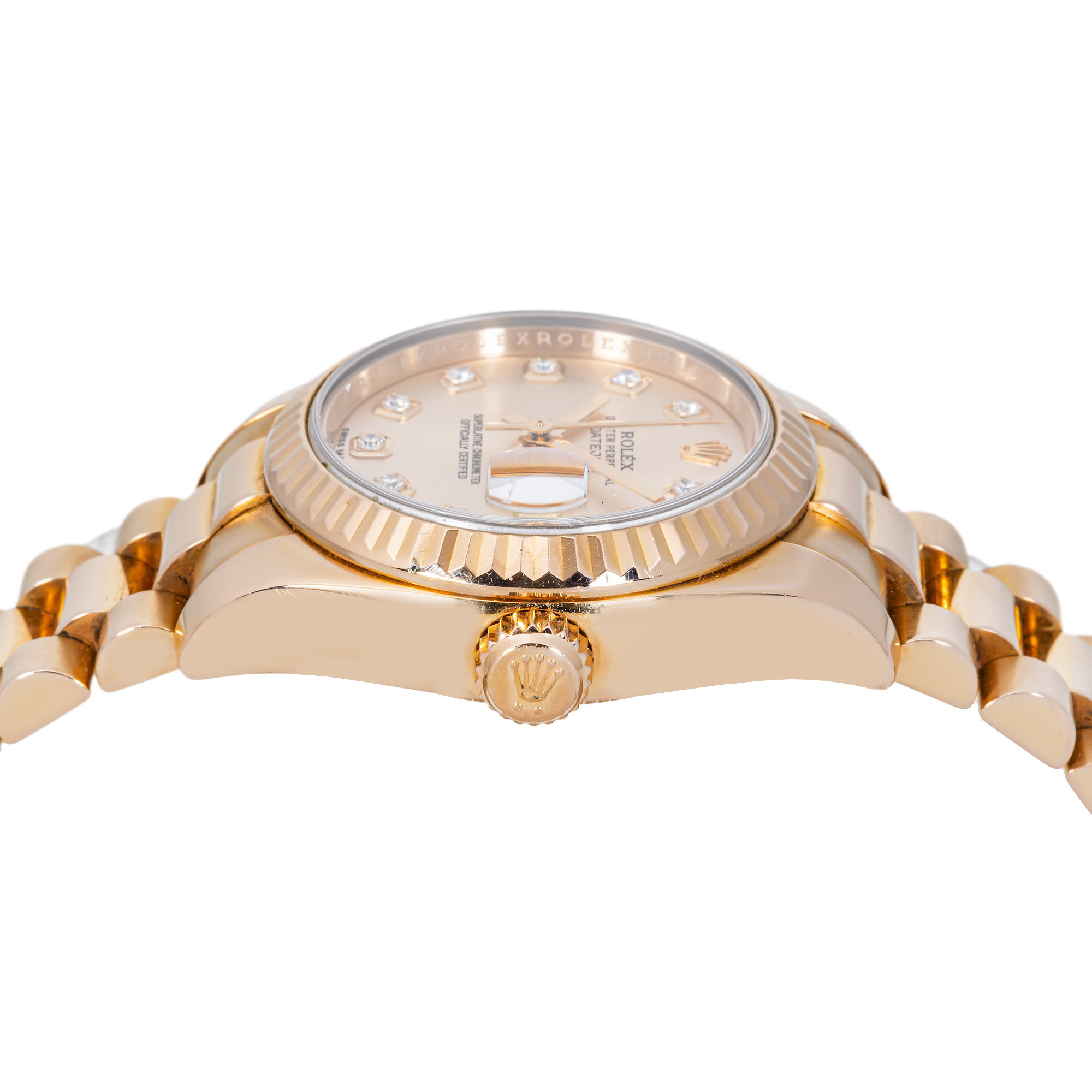 Rolex Datejust 26mm 179175F – 18k Rose Gold  with Pink Diamond Dial & Fluted Bezel and President Bracelet