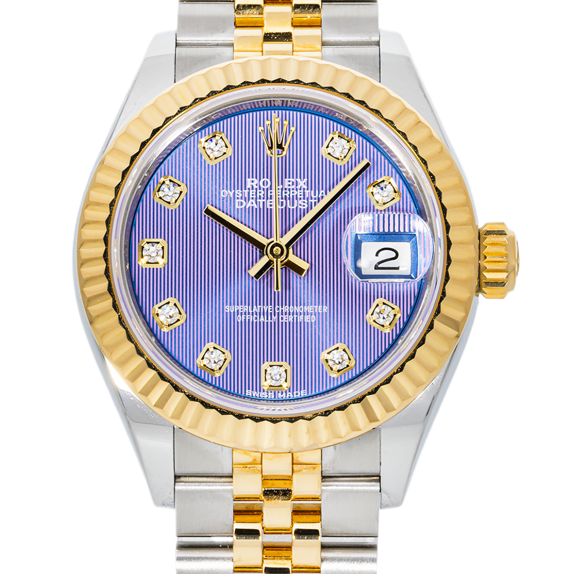 Rolex Lady-Datejust 28mm 279173 – Two-Tone Stainless Steel & 18k Yellow Gold • Purple Tapestry Diamond Dial • Jubilee Bracelet