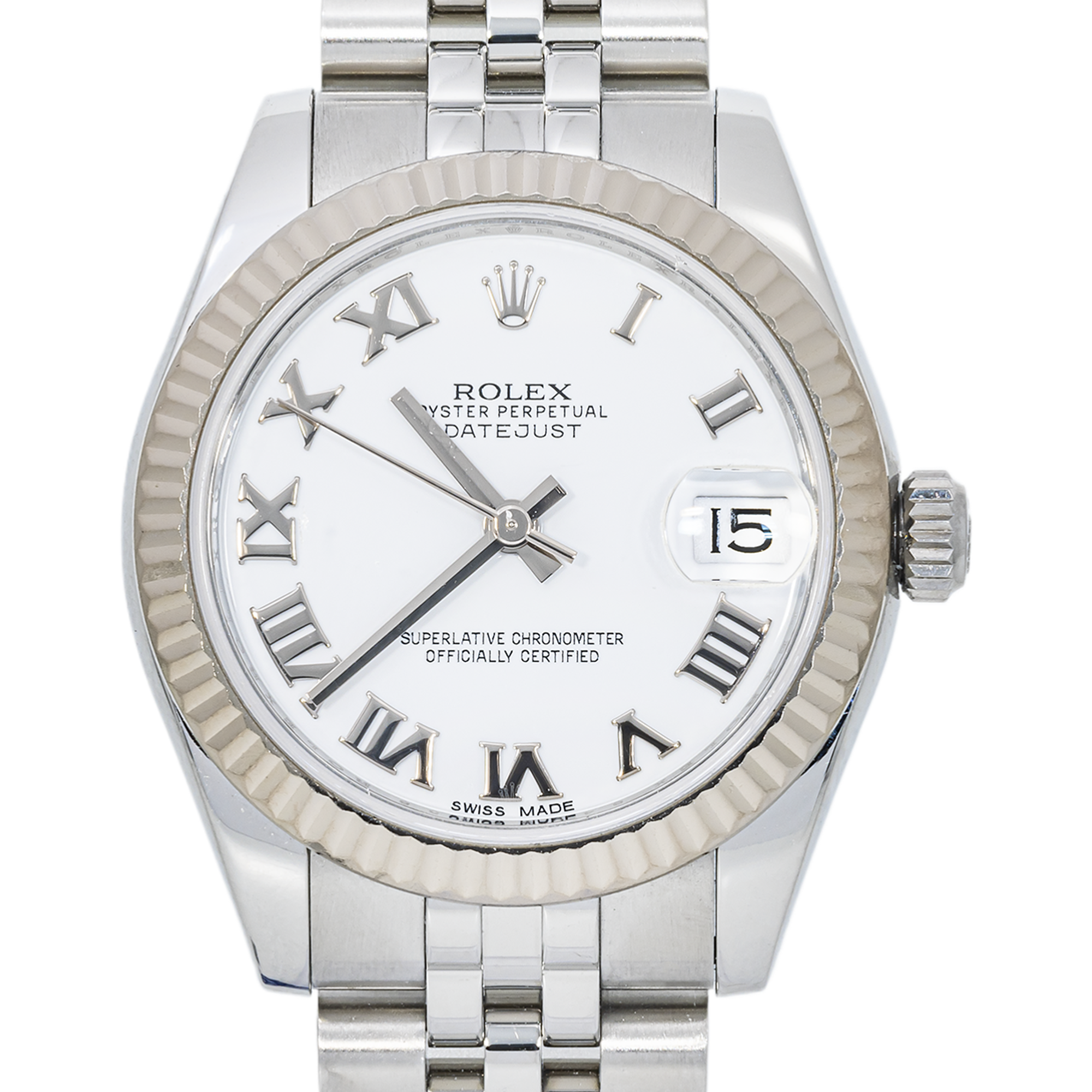 Rolex Datejust 178274 31mm – White Roman Dial & 18K White Gold Fluted Bezel