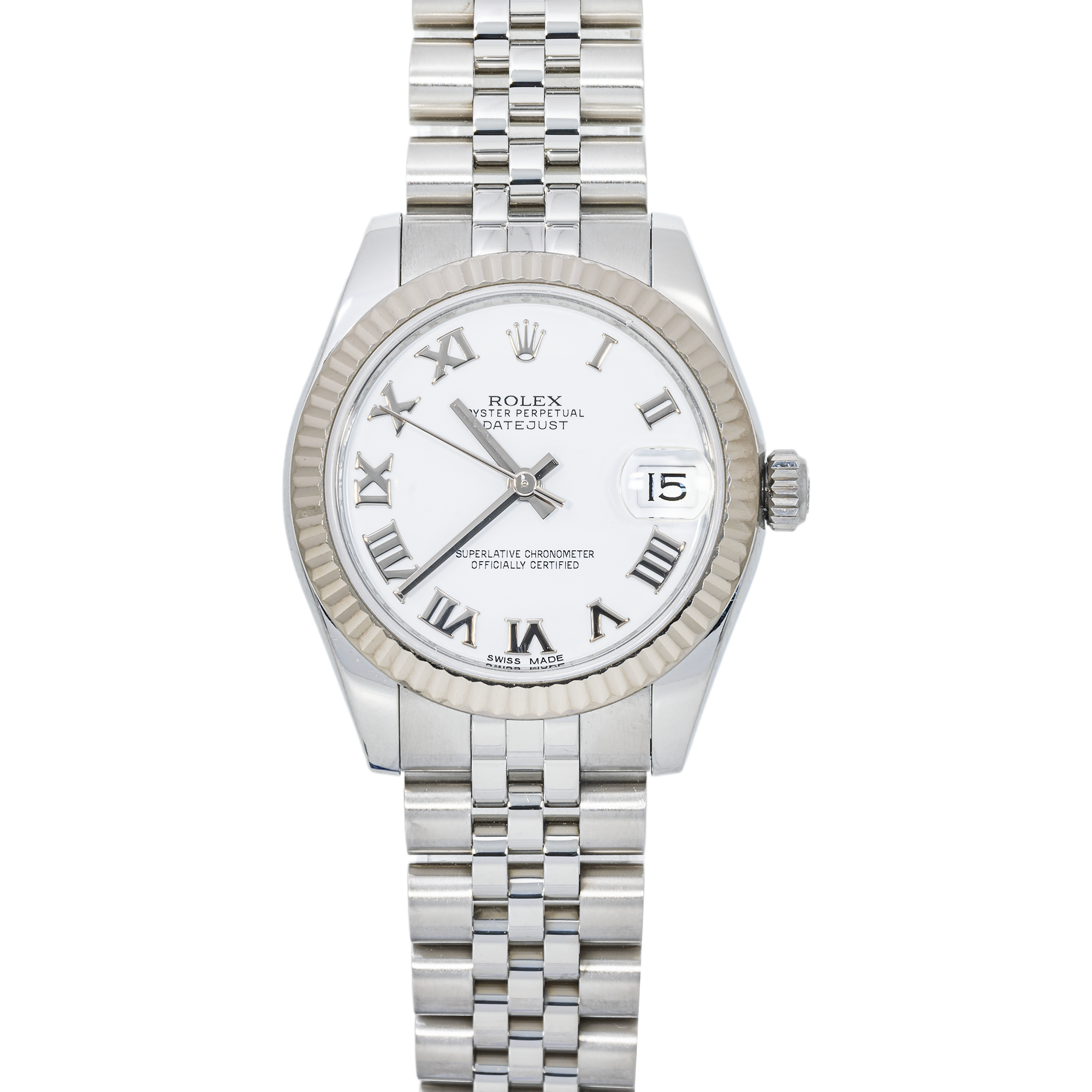 Rolex Datejust 178274 31mm – White Roman Dial & 18K White Gold Fluted Bezel
