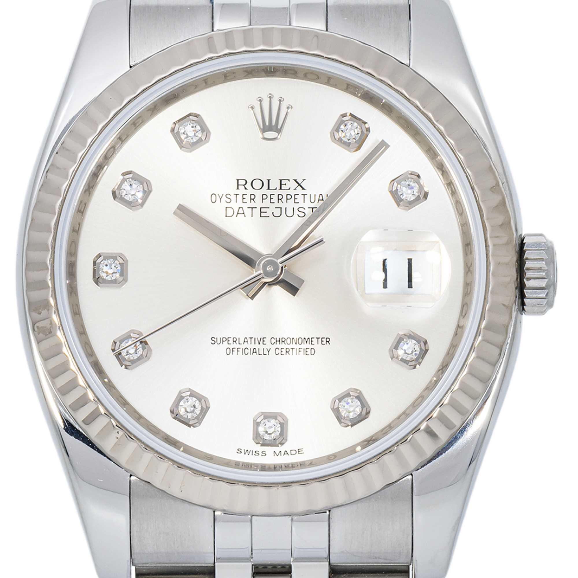 Rolex Datejust 116234 36mm – Silver Diamond Dial & 18K White Gold Fluted Bezel