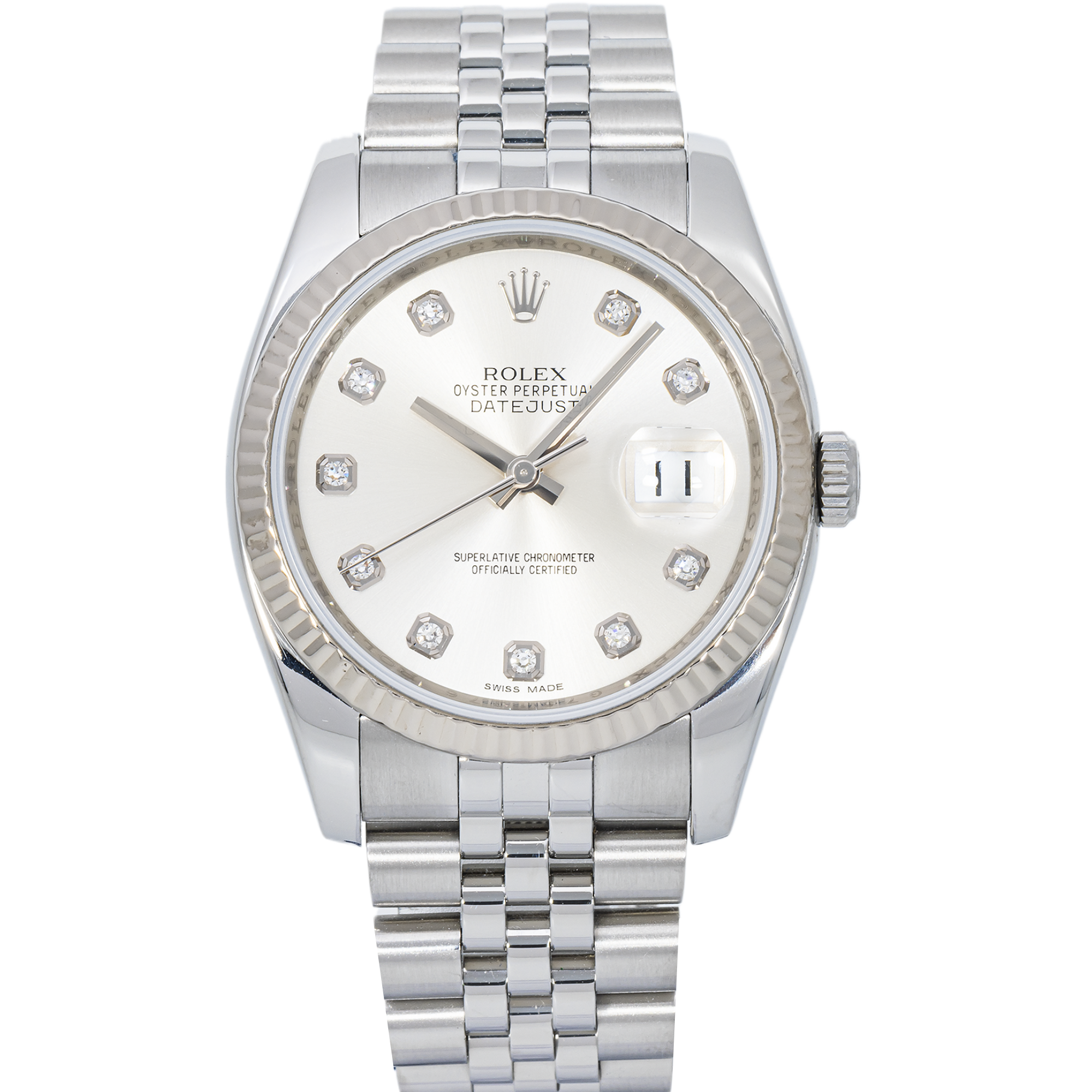 Rolex Datejust 116234 36mm – Silver Diamond Dial & 18K White Gold Fluted Bezel