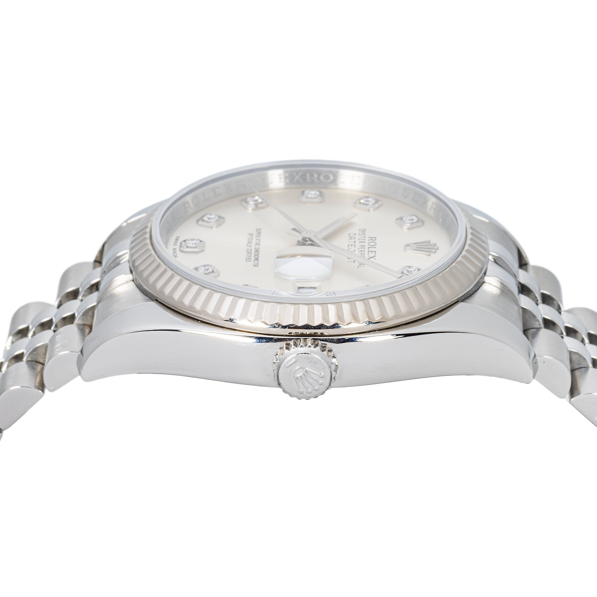 Rolex Datejust 116234 36mm – Silver Diamond Dial & 18K White Gold Fluted Bezel