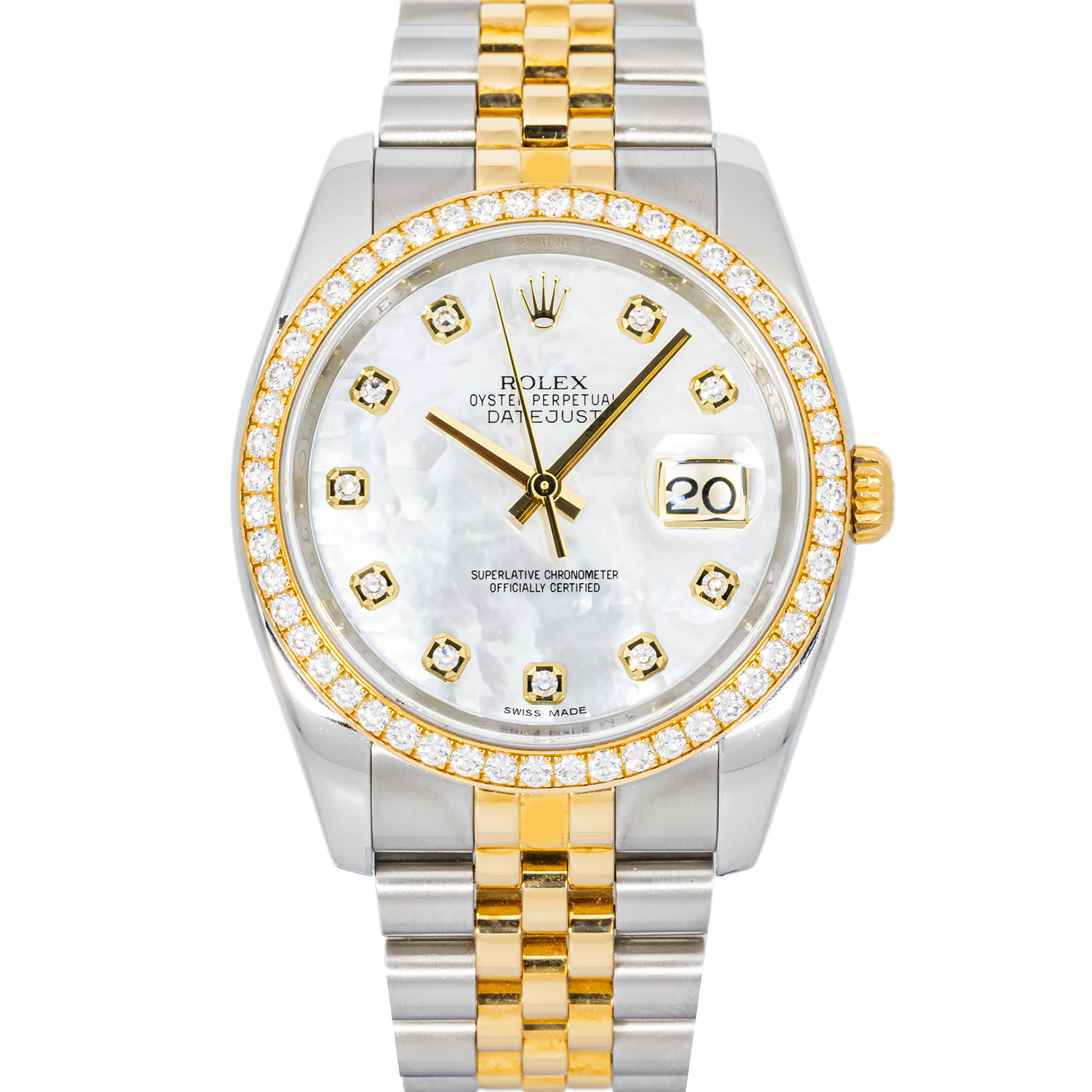 Rolex Datejust 116243 36mm Two-Tone – White Mother of Pearl Diamond Dial & Factory Diamond Bezel