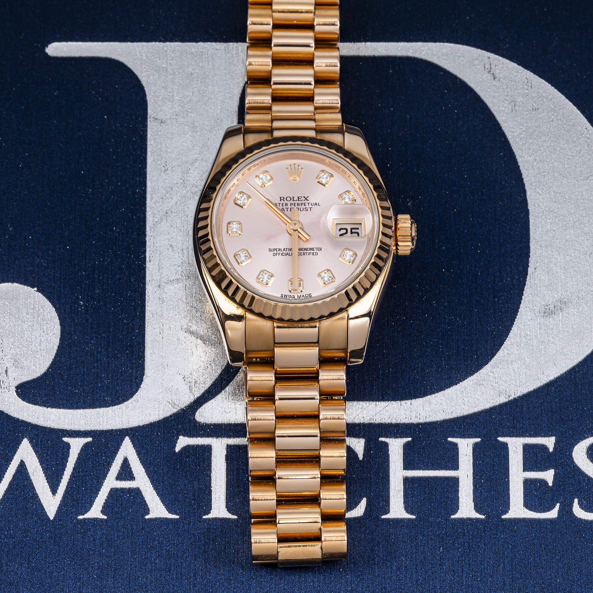 Rolex Datejust 26mm 179175F – 18k Rose Gold  with Pink Diamond Dial & Fluted Bezel and President Bracelet