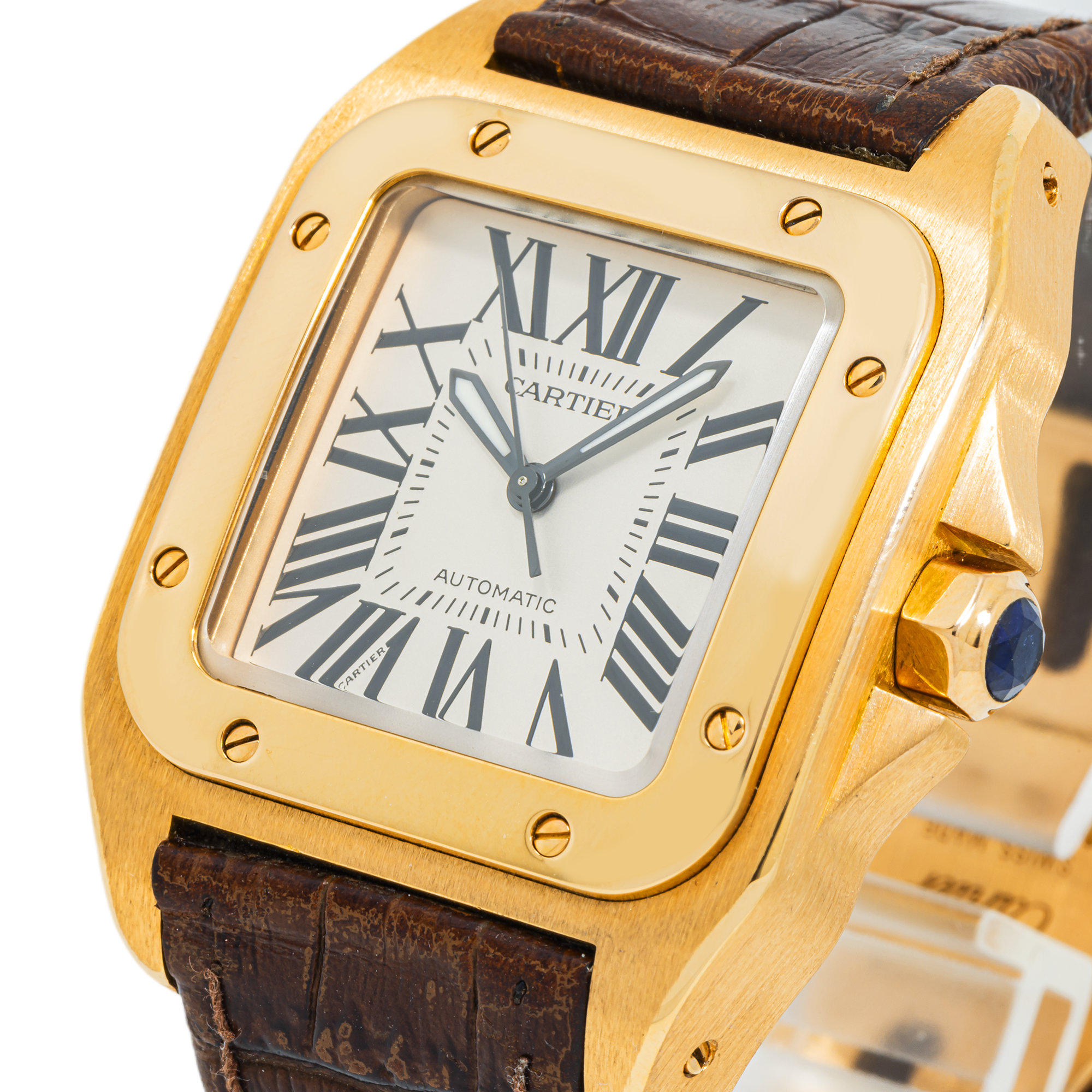 Cartier Santos Large Rose Gold Mens Watch WGSA0019 with Brown Leather Bracelet