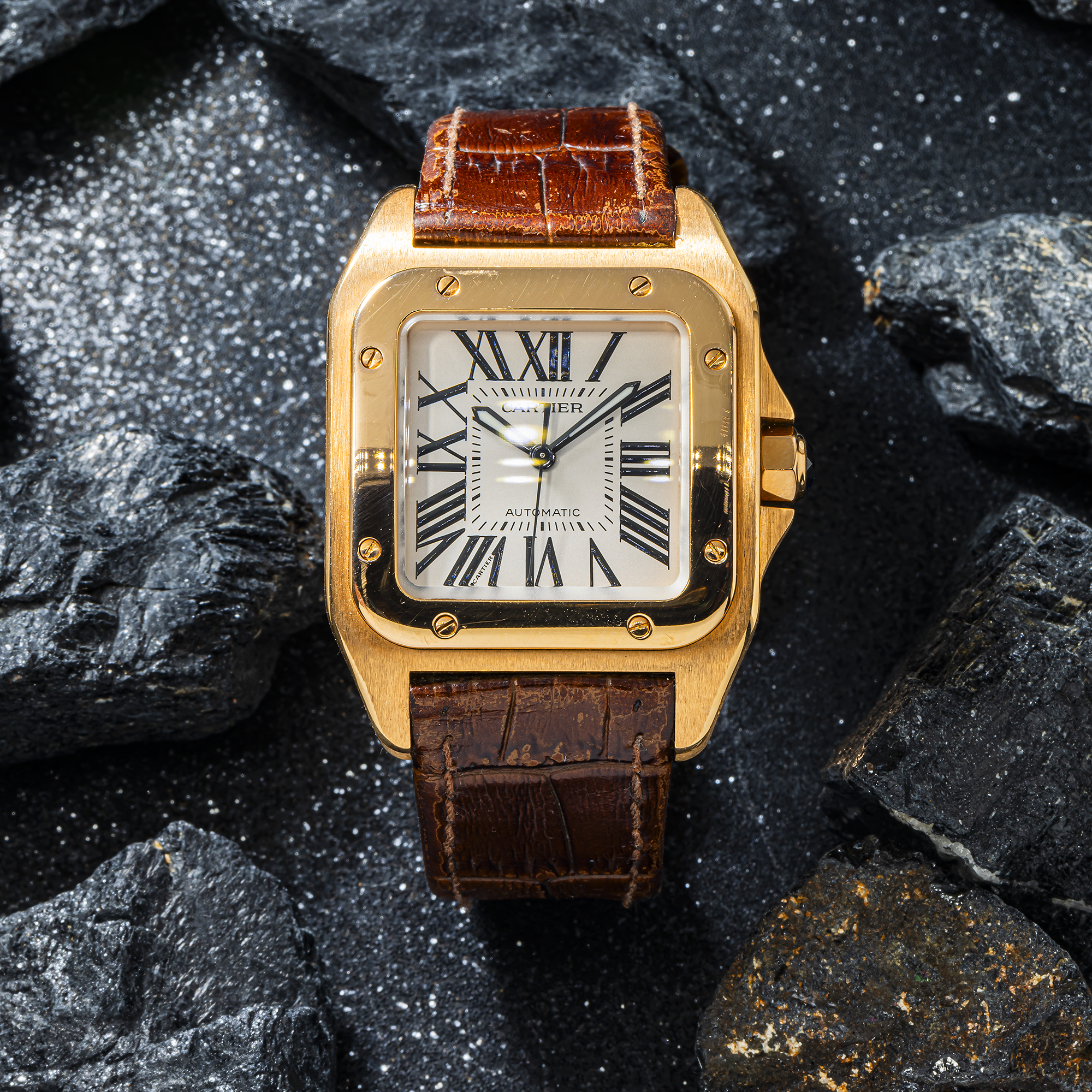 Cartier Santos Large Rose Gold Mens Watch WGSA0019 with Brown Leather Bracelet