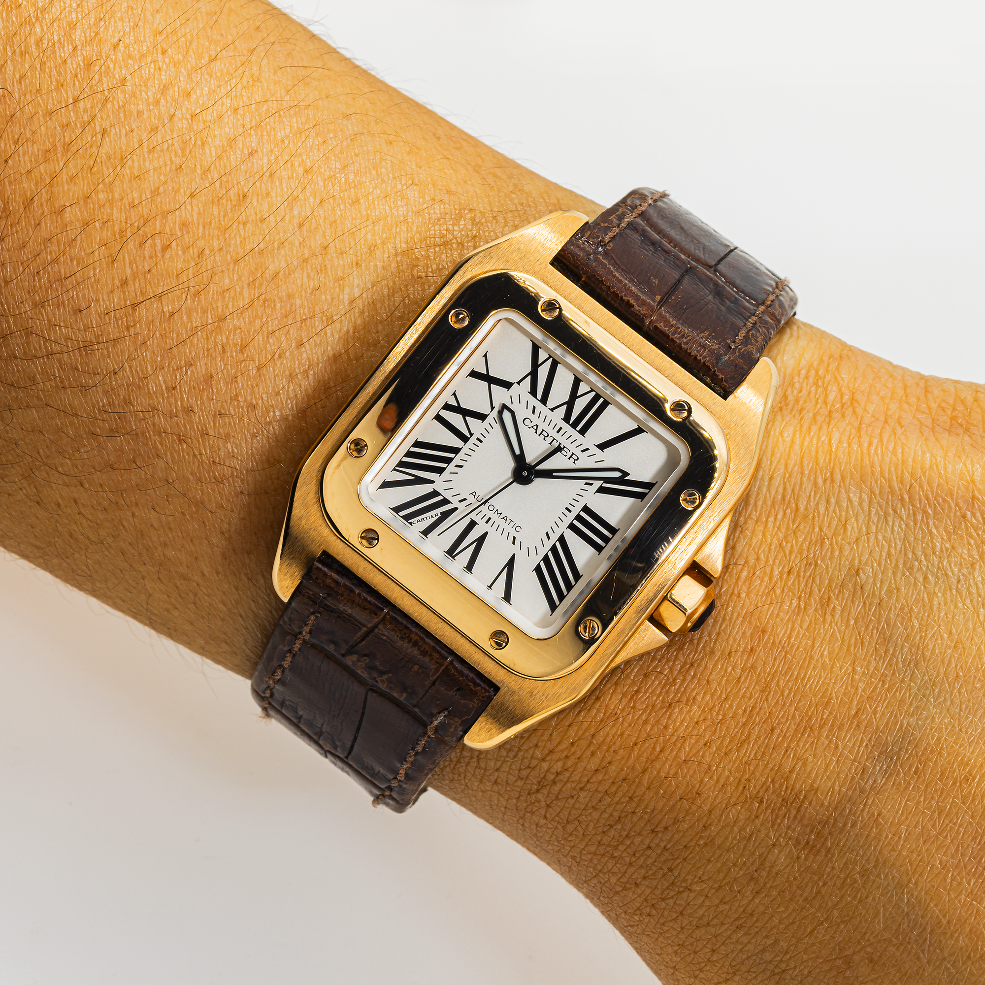 Cartier Santos Large Rose Gold Mens Watch WGSA0019 with Brown Leather Bracelet