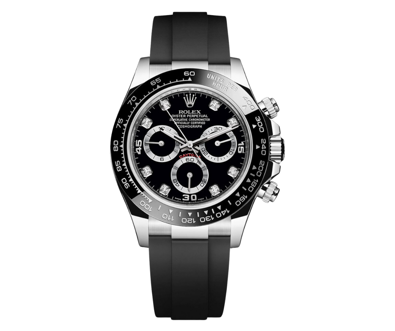 Rolex Cosmograph Daytona – Pre-Owned 18k White Gold with Black Diamond Dial and Oysterflex Bracelet Ref. 116519LN