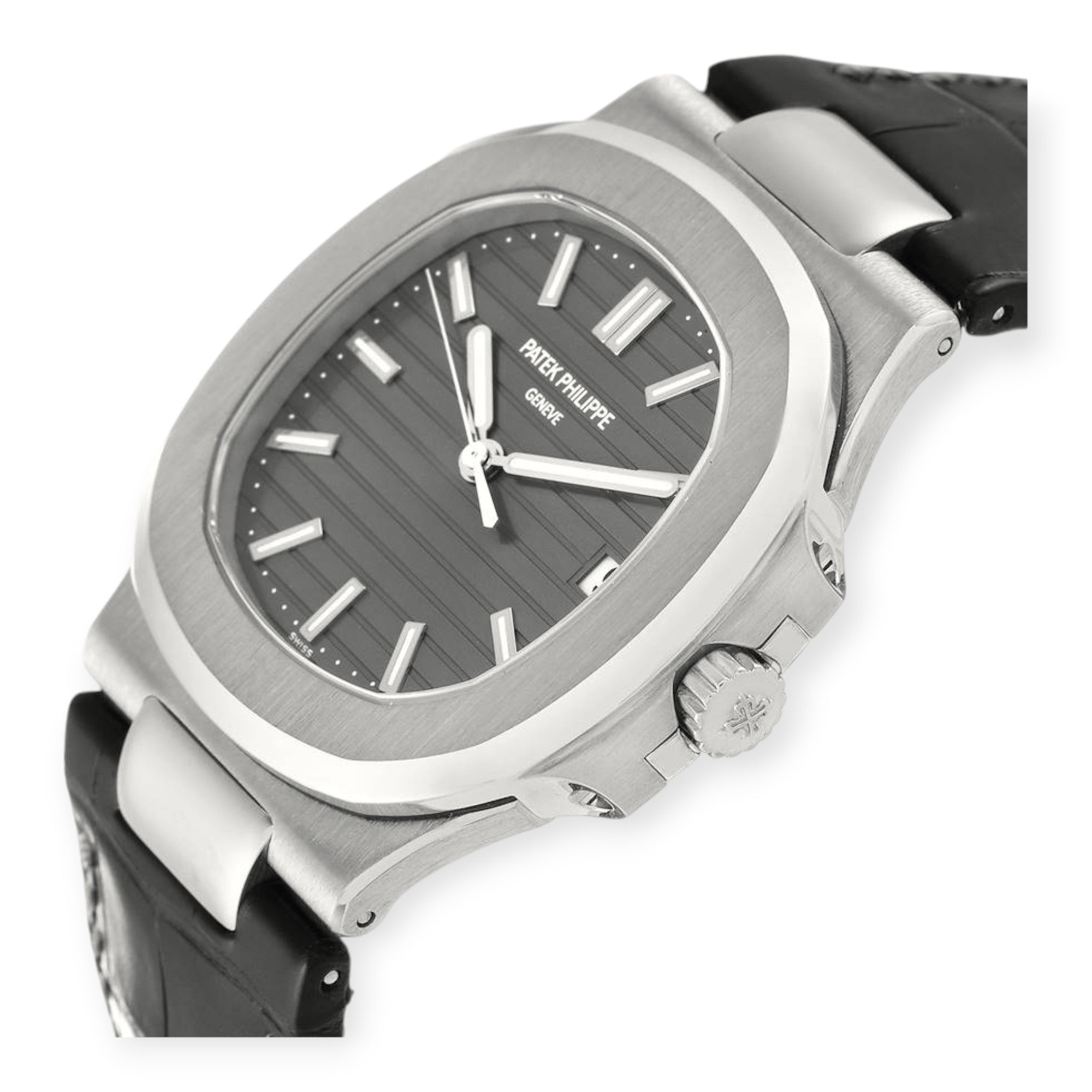 Patek Philippe Nautilus 18K White Gold Black Strap Mens Watch 5711