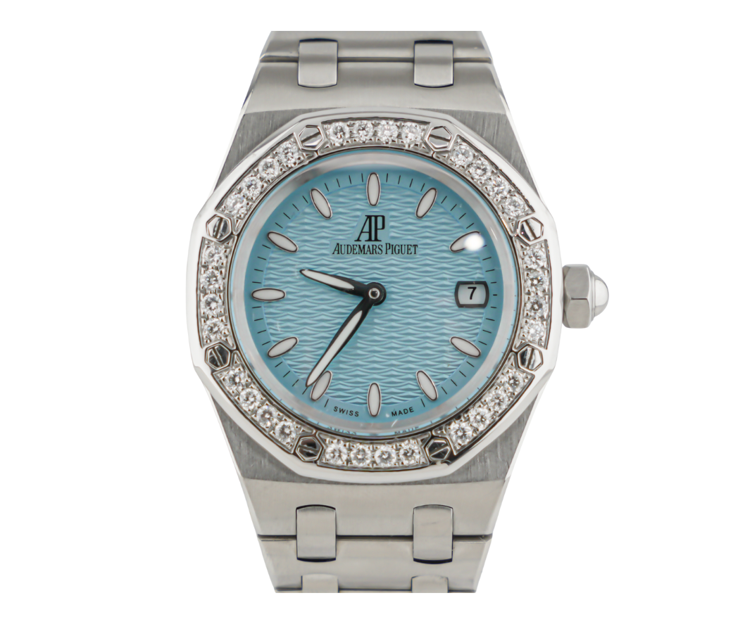 Audemars Piguet Royal Oak Ladies Quartz 33mm – 67600ST.OO.1210ST.02, Stainless Steel Case with Light Blue “Petite Tapisserie” Dial, Diamond-Set Bezel, Stainless Steel Bracelet-Audemars Piguet-JD Watches NY