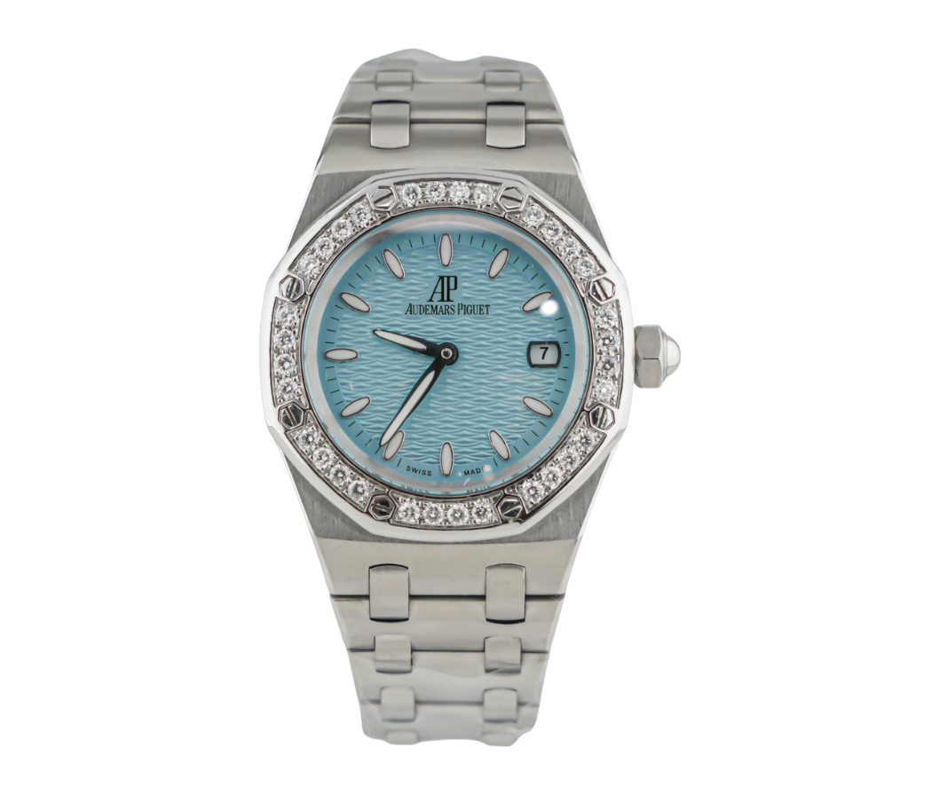 Audemars Piguet Royal Oak Ladies Quartz 33mm – 67600ST.OO.1210ST.02, Stainless Steel Case with Light Blue “Petite Tapisserie” Dial, Diamond-Set Bezel, Stainless Steel Bracelet-Audemars Piguet-JD Watches NY