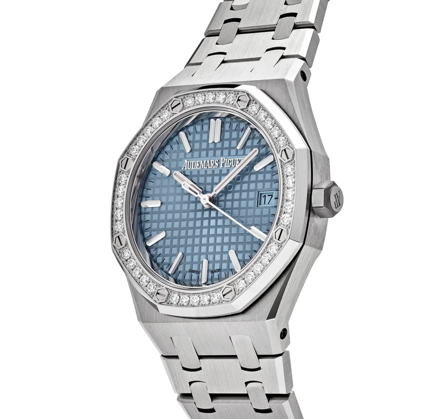Audemars Piguet Royal Oak Selfwinding - 34mm Stainless Steel Case with Blue Dial, Diamond-Set Bezel, Steel Bracelet-Audemars Piguet-JD Watches NY